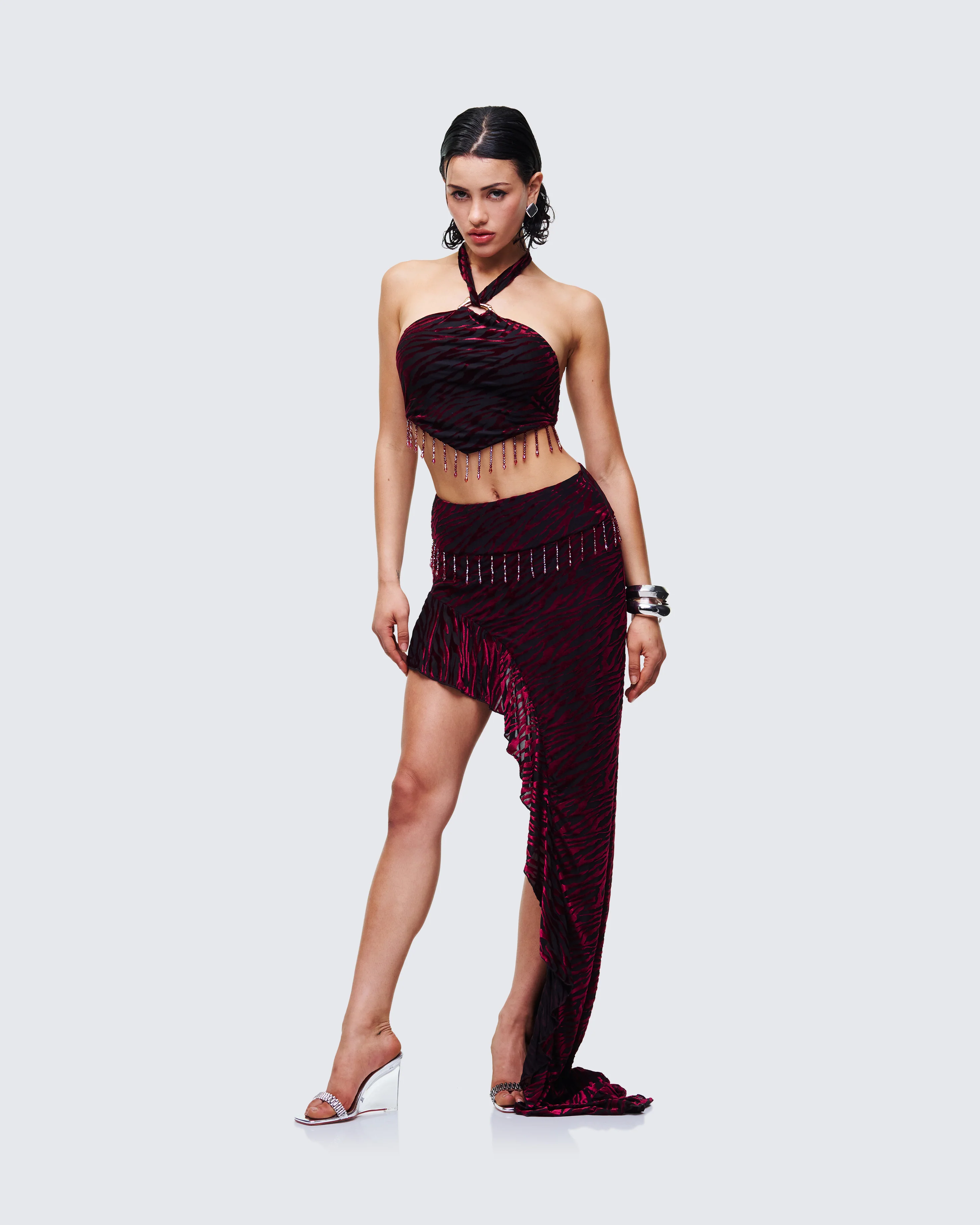 Kira Red Velvet Burn Out Beaded Maxi Skirt - Image 5