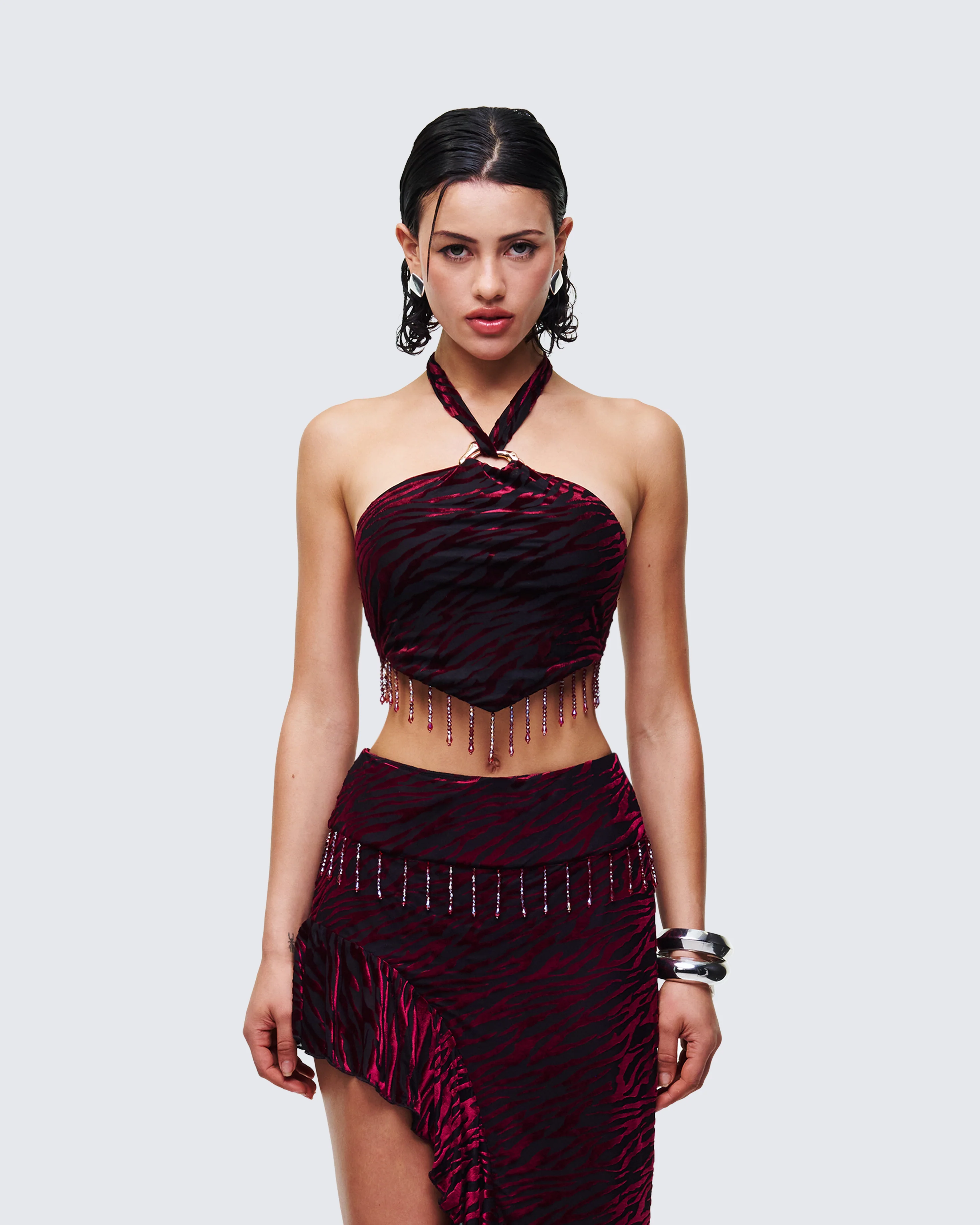 Kira Red Velvet Burn Out Beaded Top - Image 2