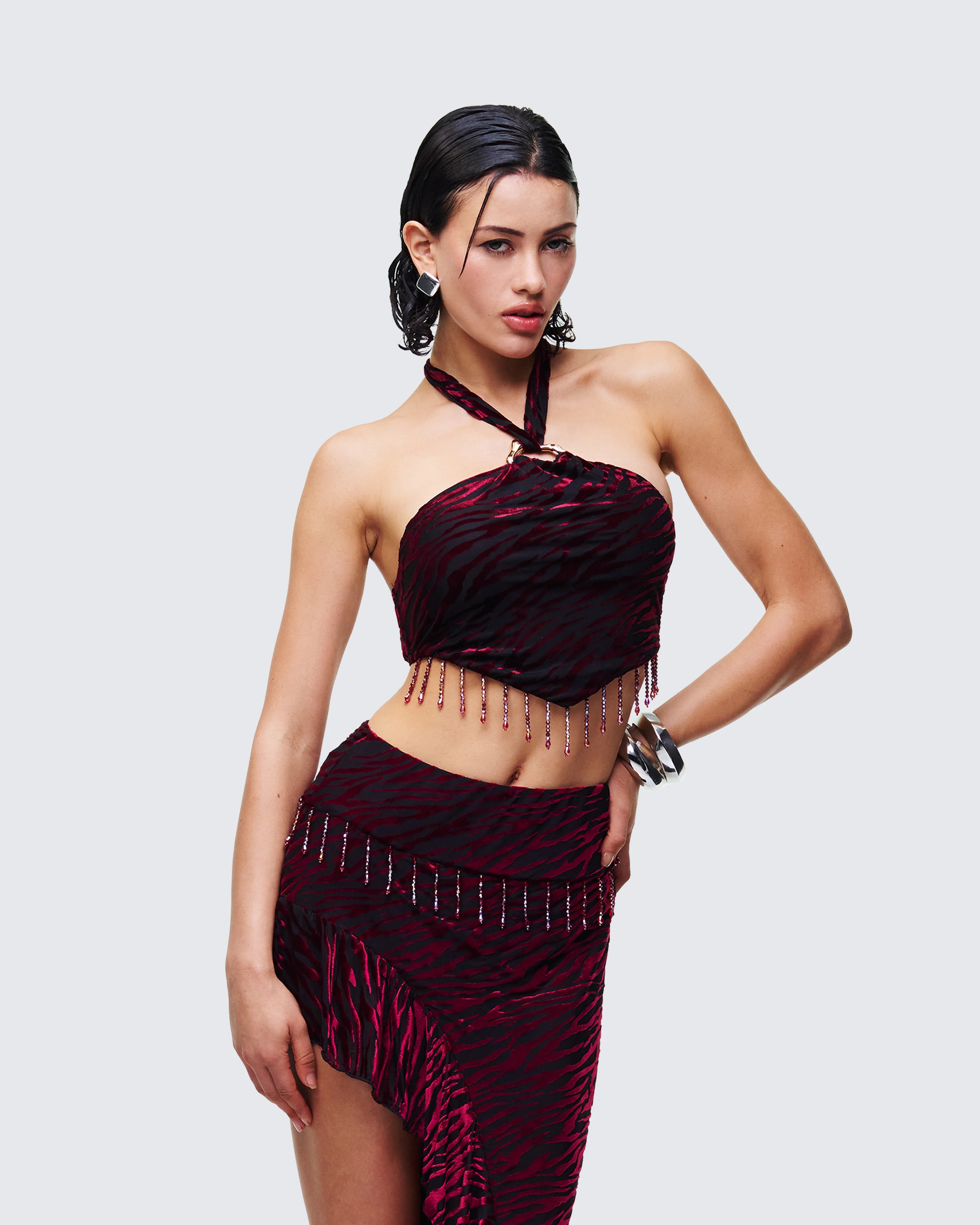 Kira Red Velvet Burn Out Beaded Top - Image 3