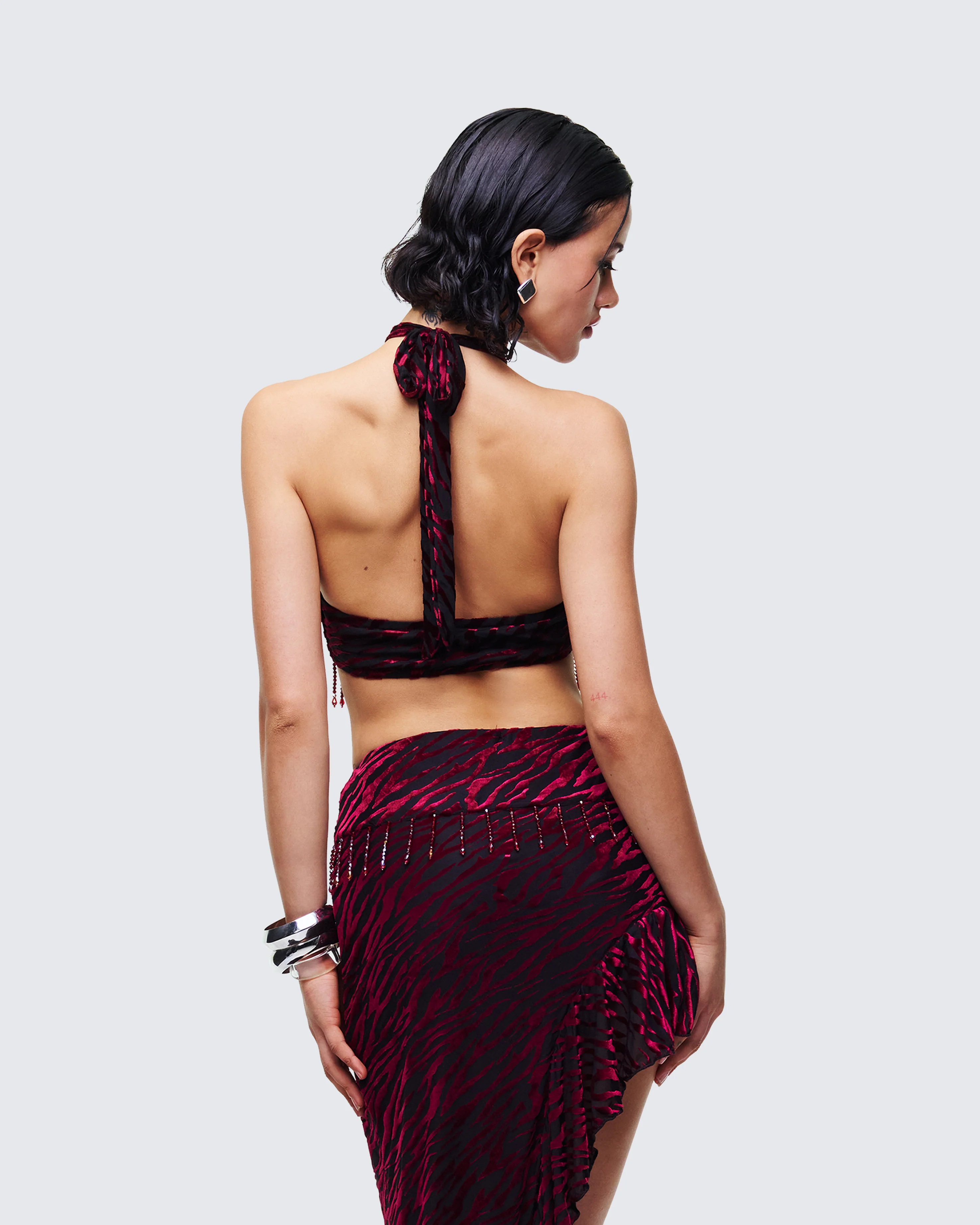 Kira Red Velvet Burn Out Beaded Top - Image 4
