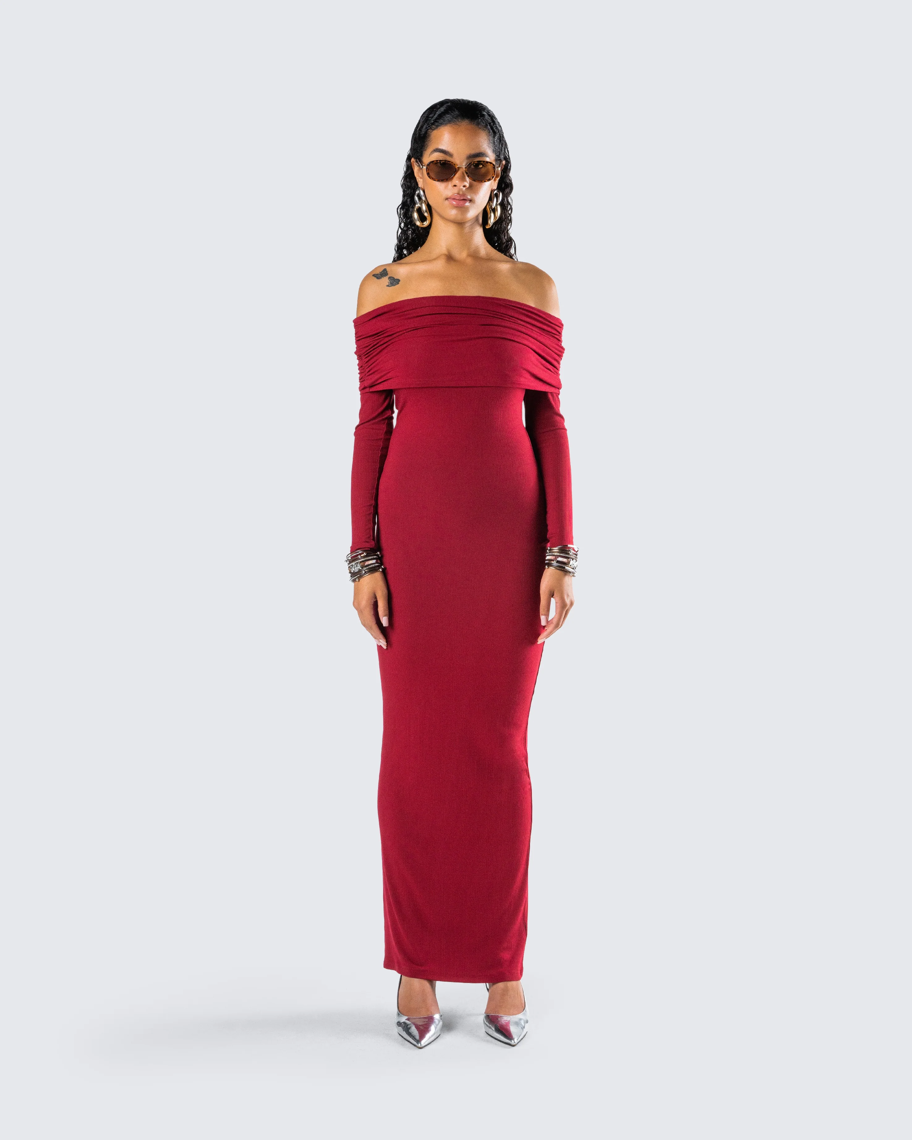 Kyan Burgundy Off Shoulder Maxi Dress - Image 4