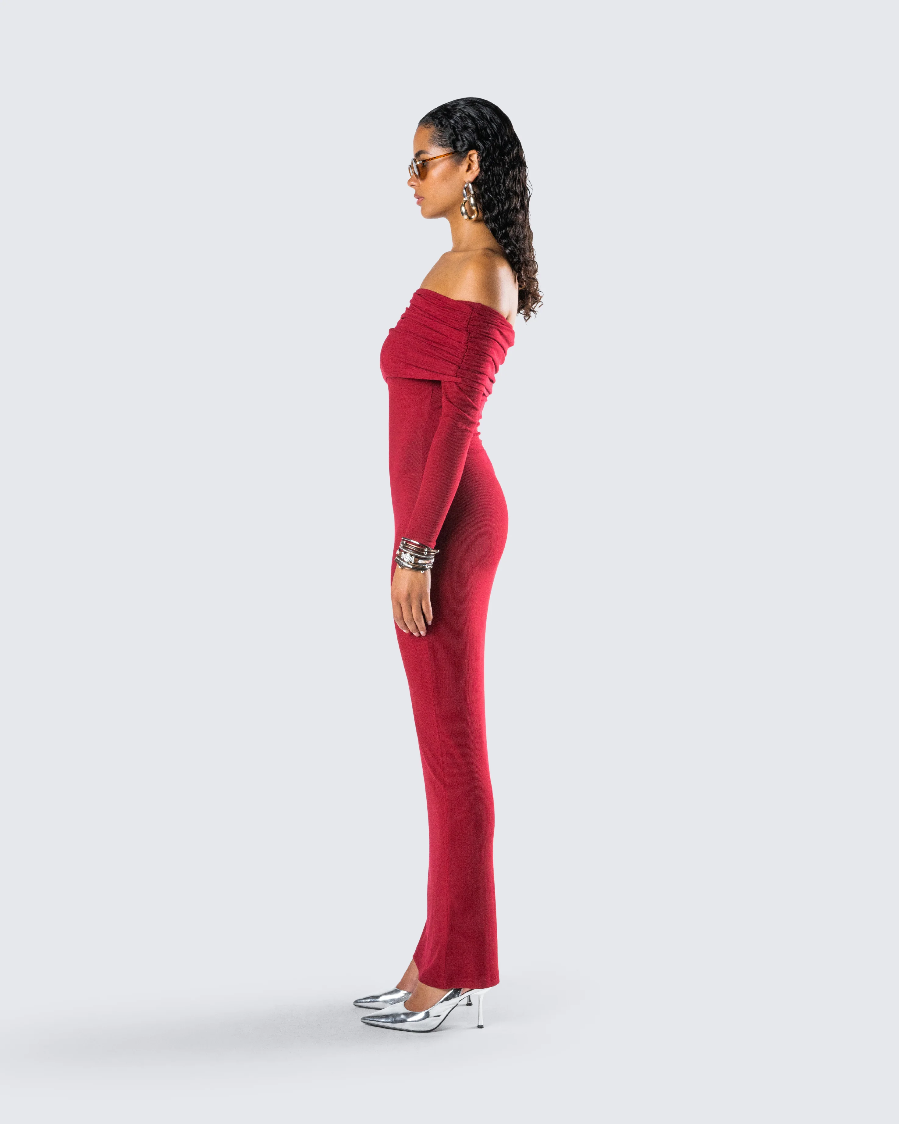Kyan Burgundy Off Shoulder Maxi Dress - Image 6