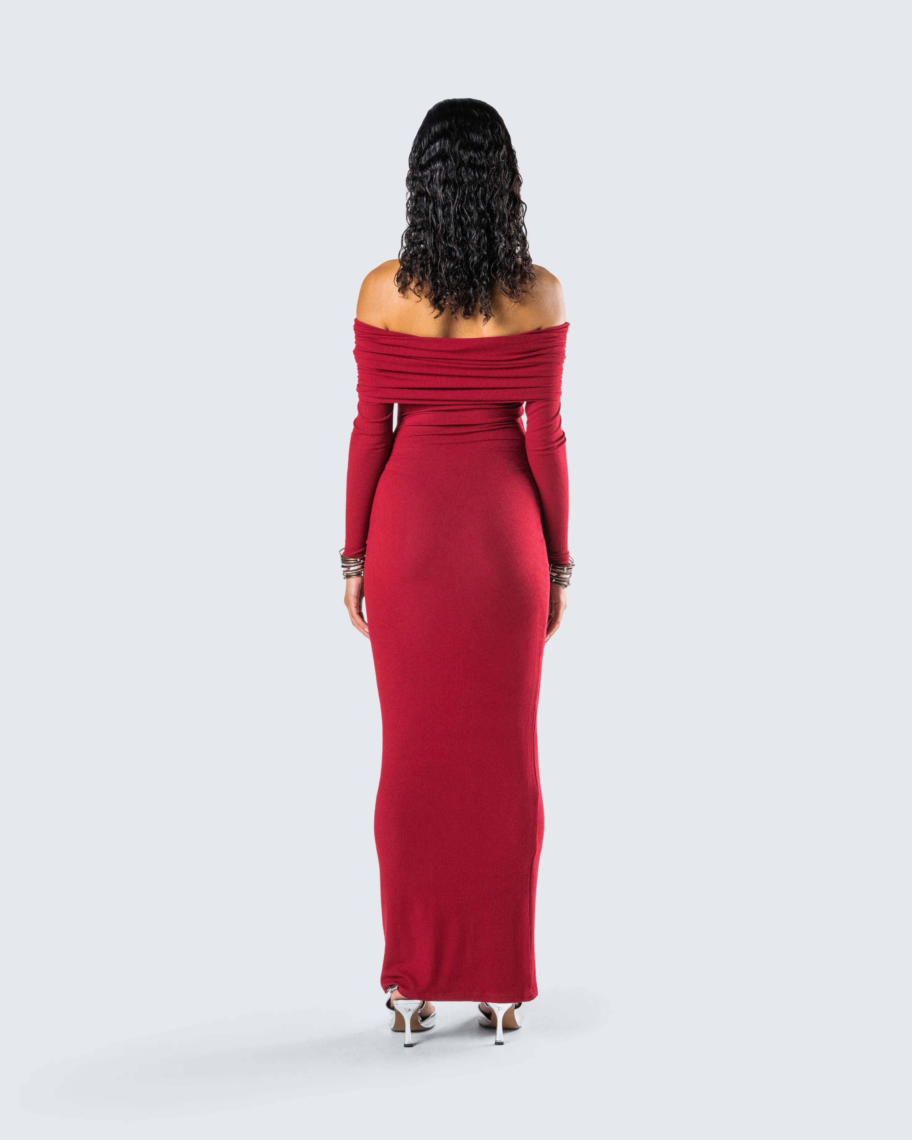 Kyan Burgundy Off Shoulder Maxi Dress - Image 7