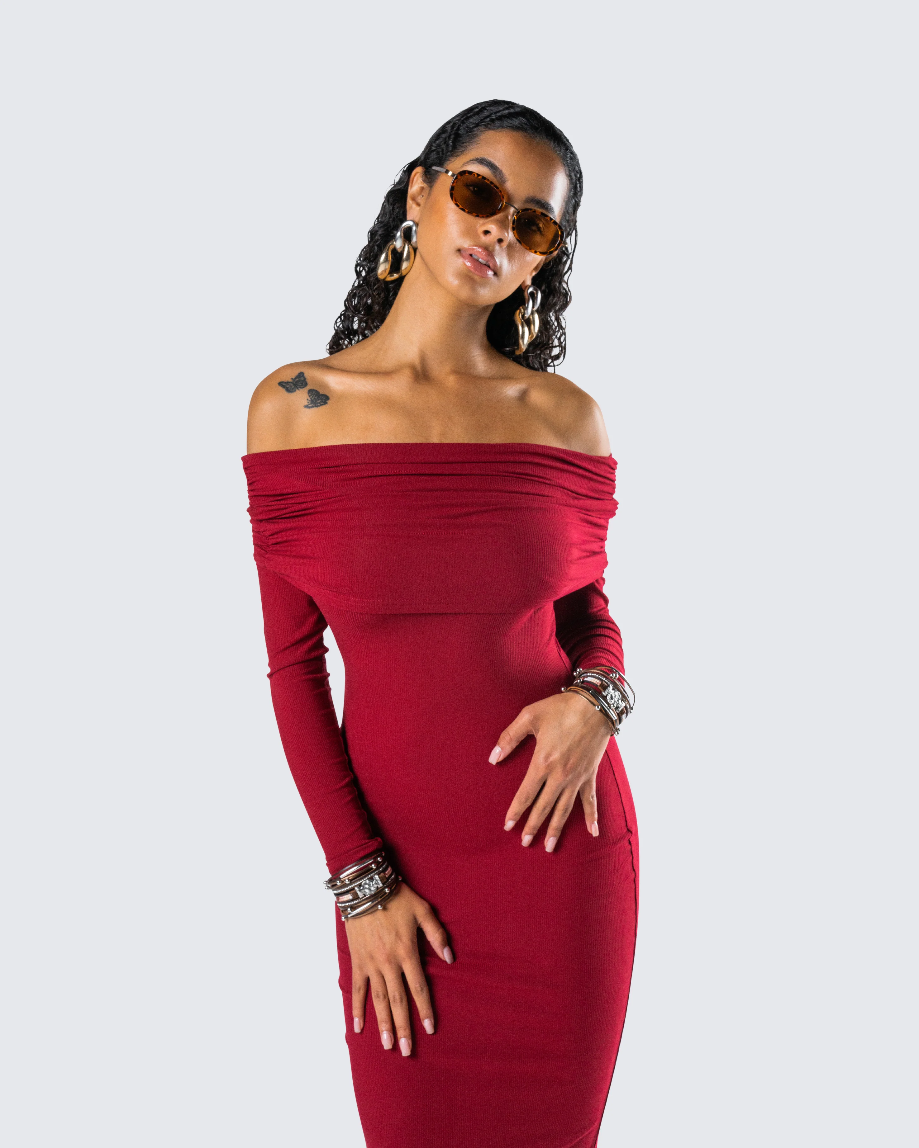Kyan Burgundy Off Shoulder Maxi Dress - Image 9