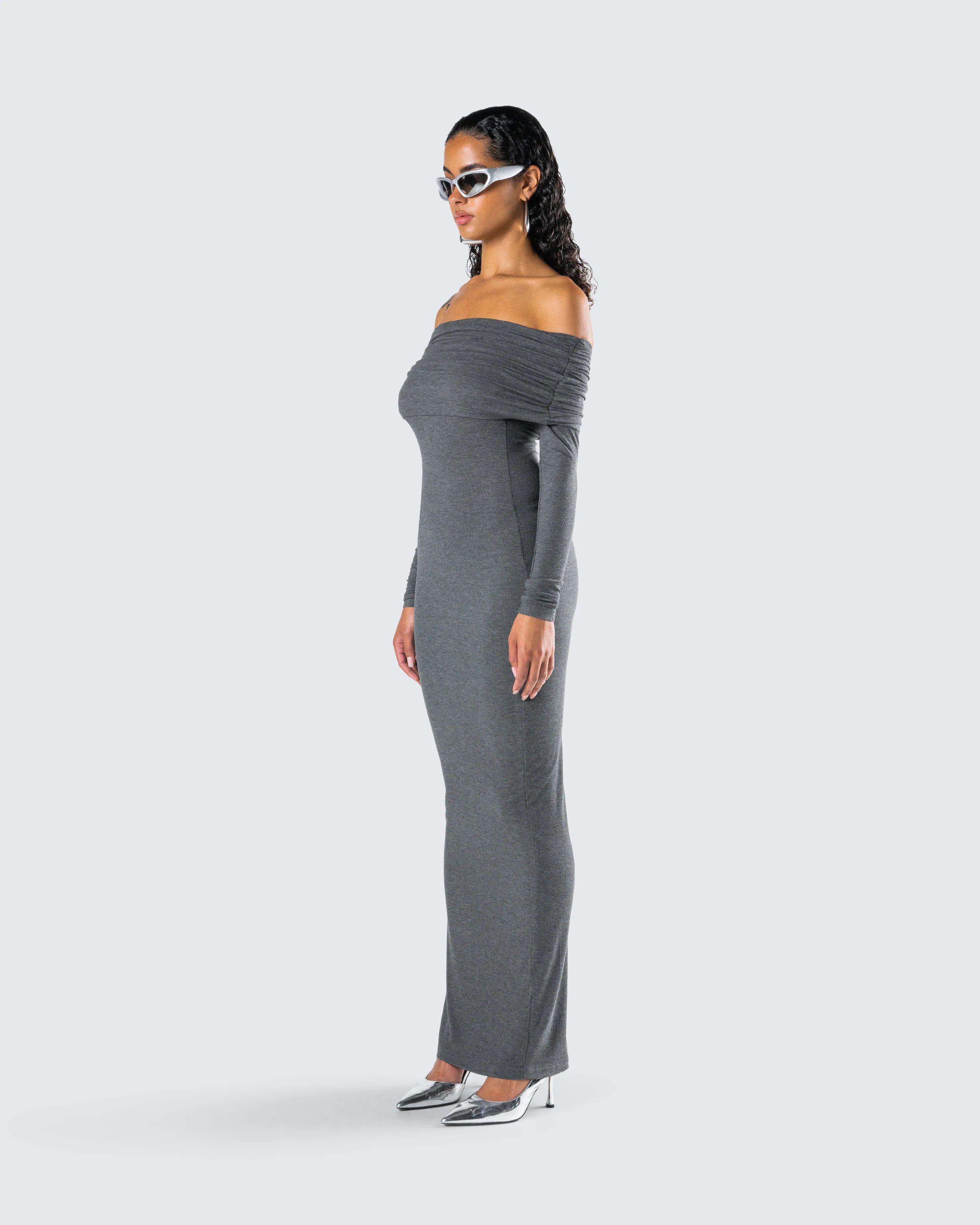 Kyan Charcoal Off Shoulder Maxi Dress - Image 5