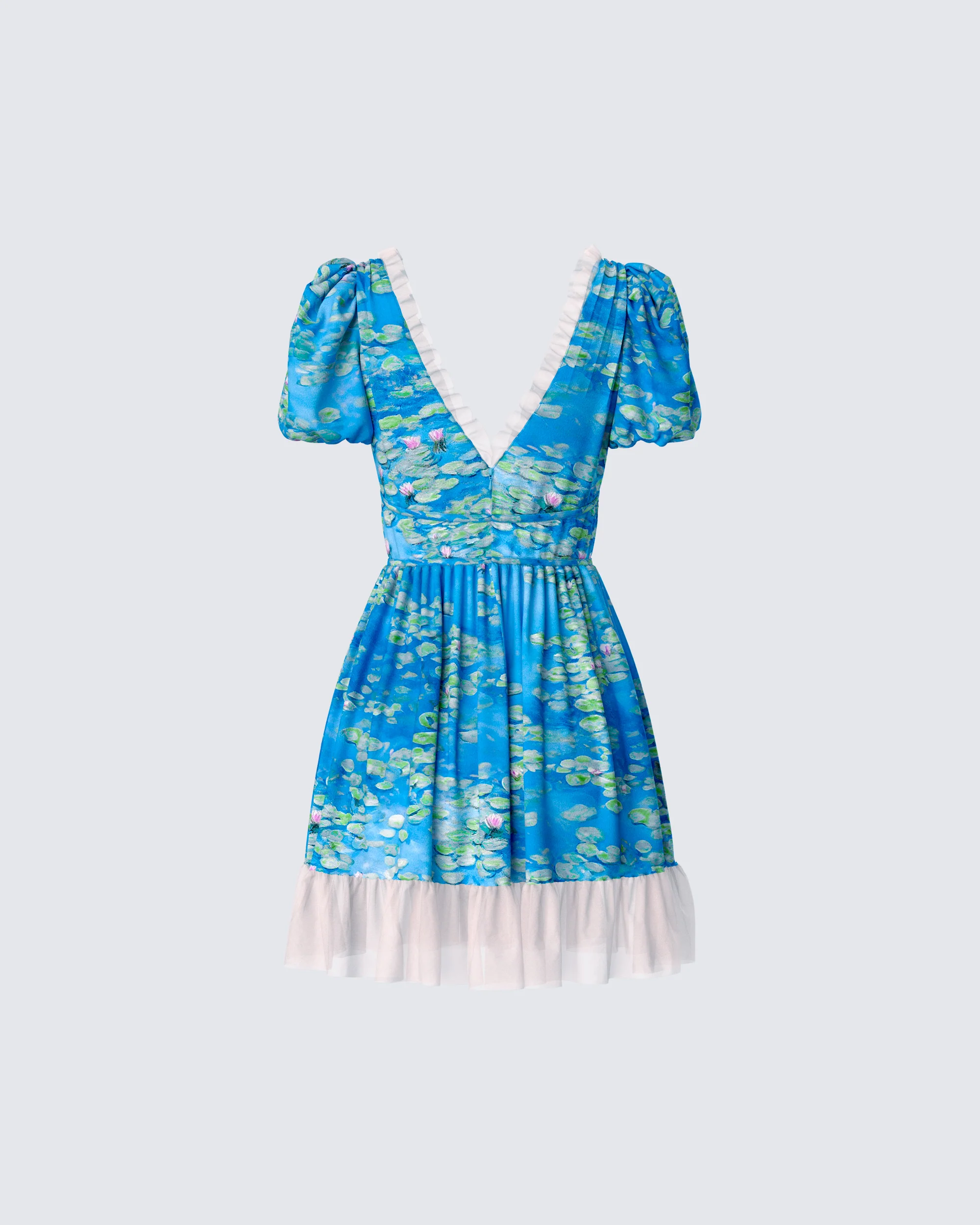 Lacey Blue Water Lilies Print Mini Dress - Image 3