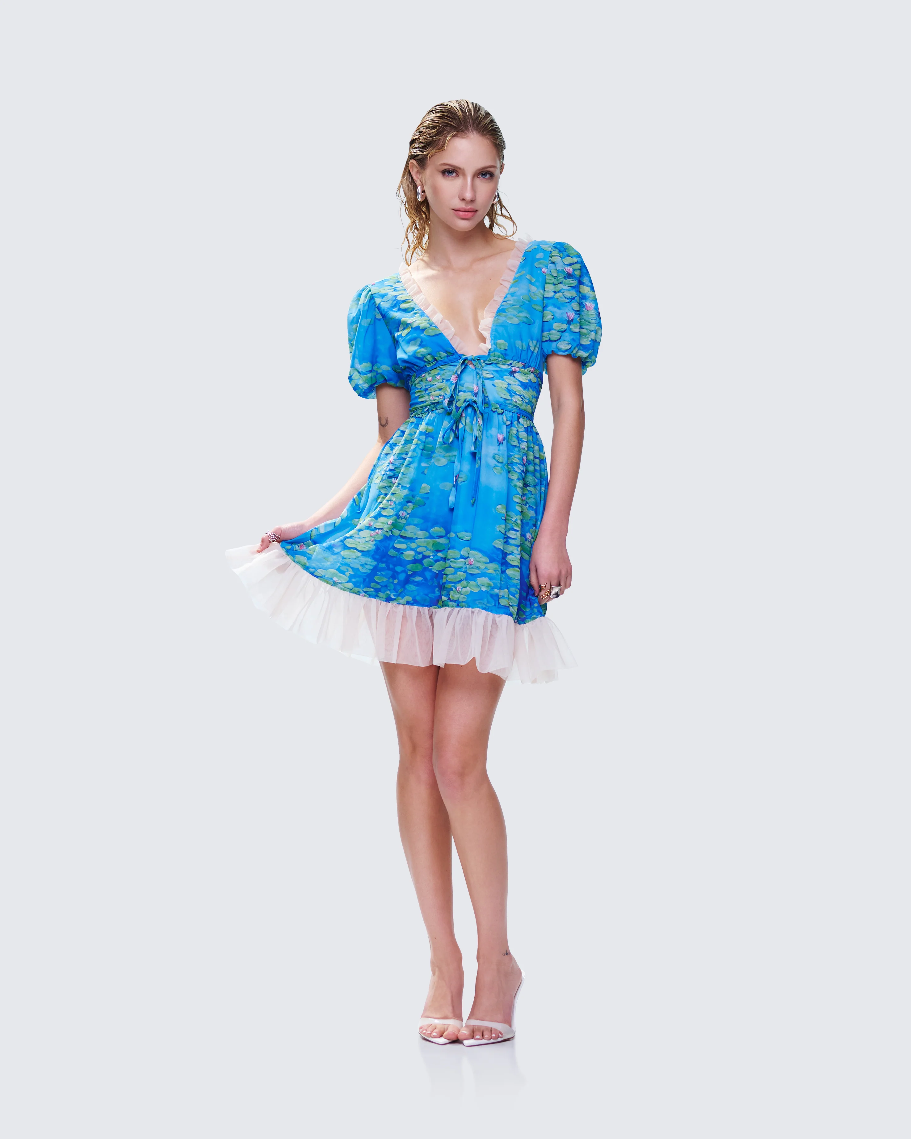 Lacey Blue Water Lilies Print Mini Dress - Image 6