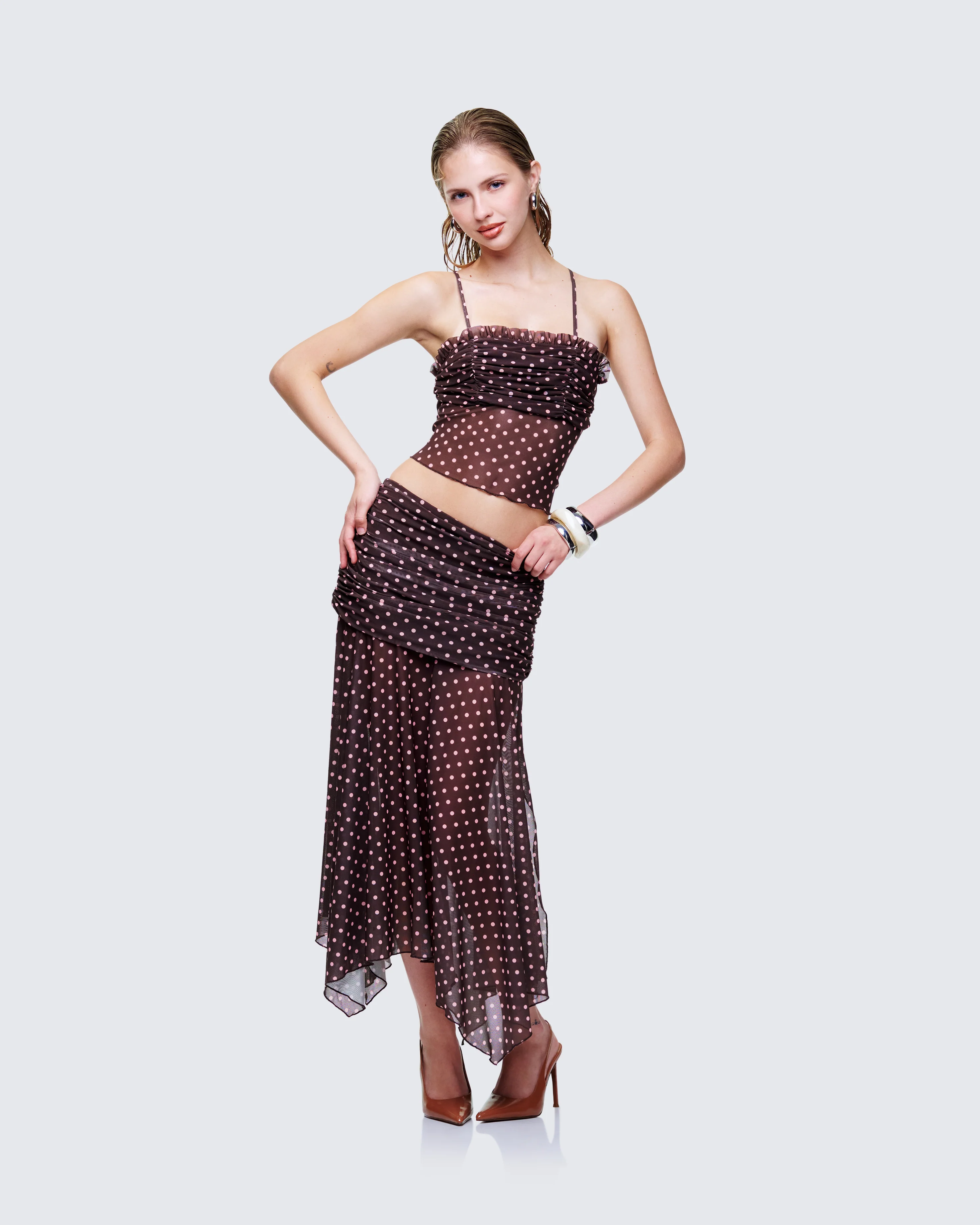 Lehlani Brown Polka Mesh Ruffle Edge Cami Top - Image 5