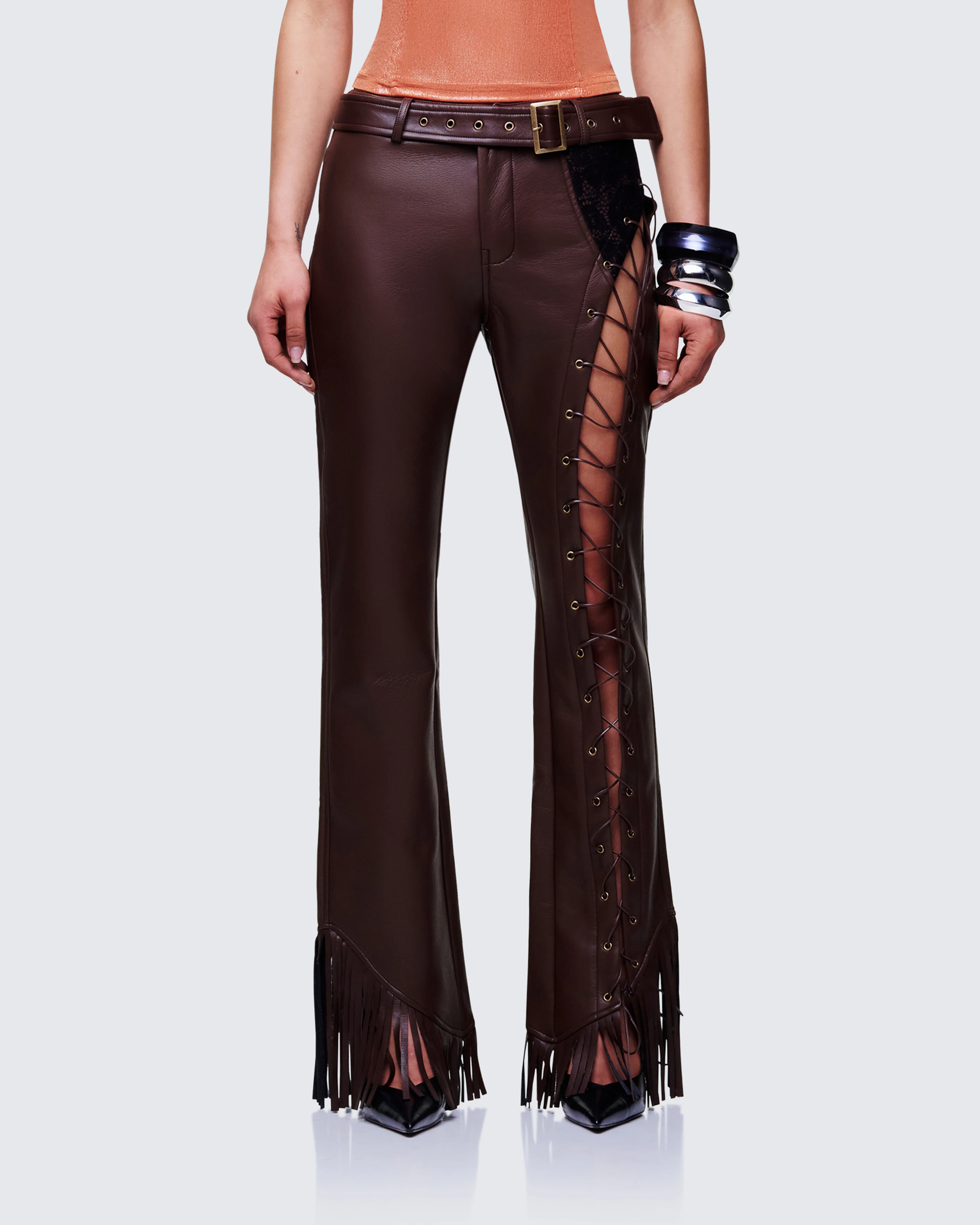 Liora Brown Vegan Leather Laced Pants - Image 2