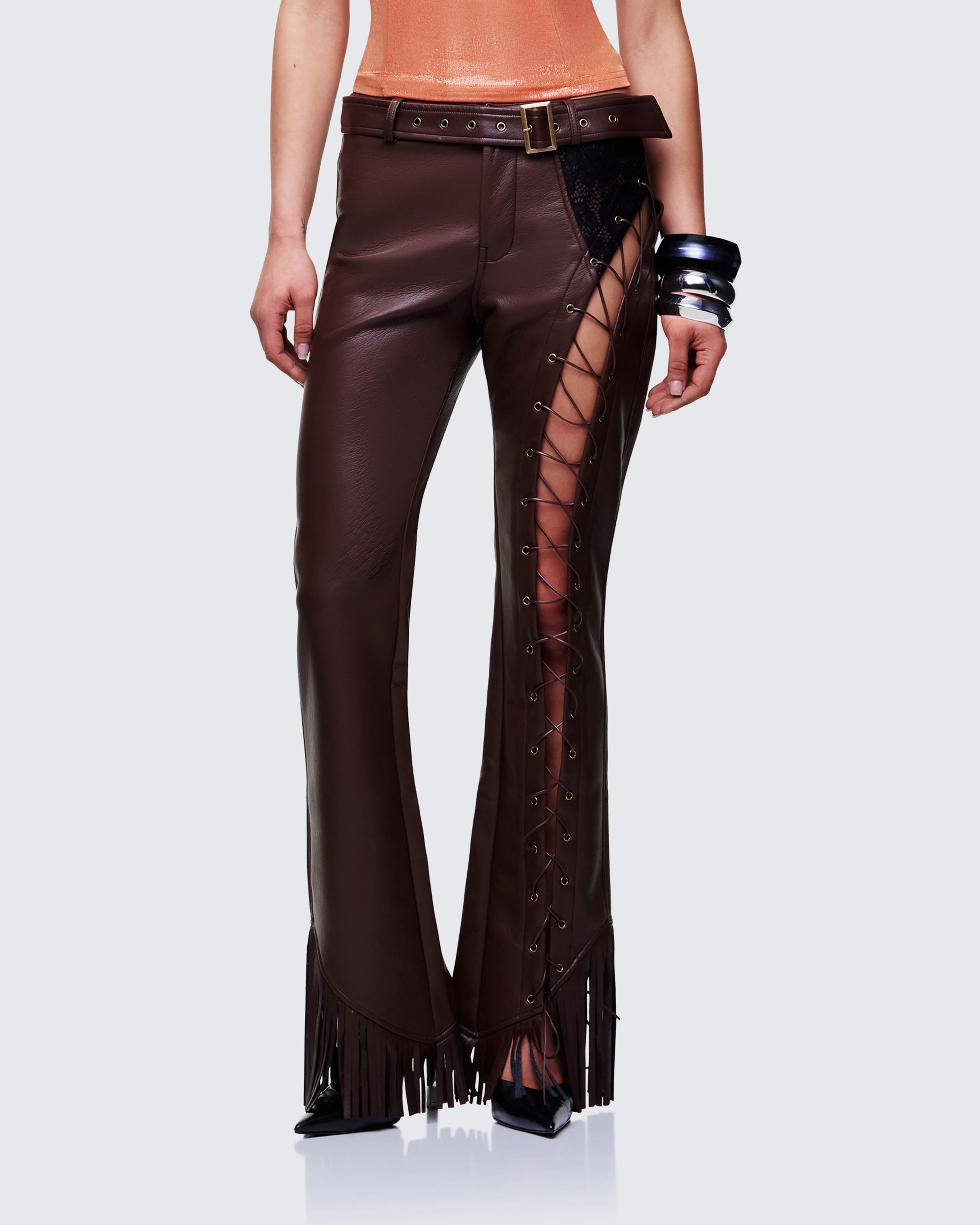 Liora Brown Vegan Leather Laced Pants - Image 3
