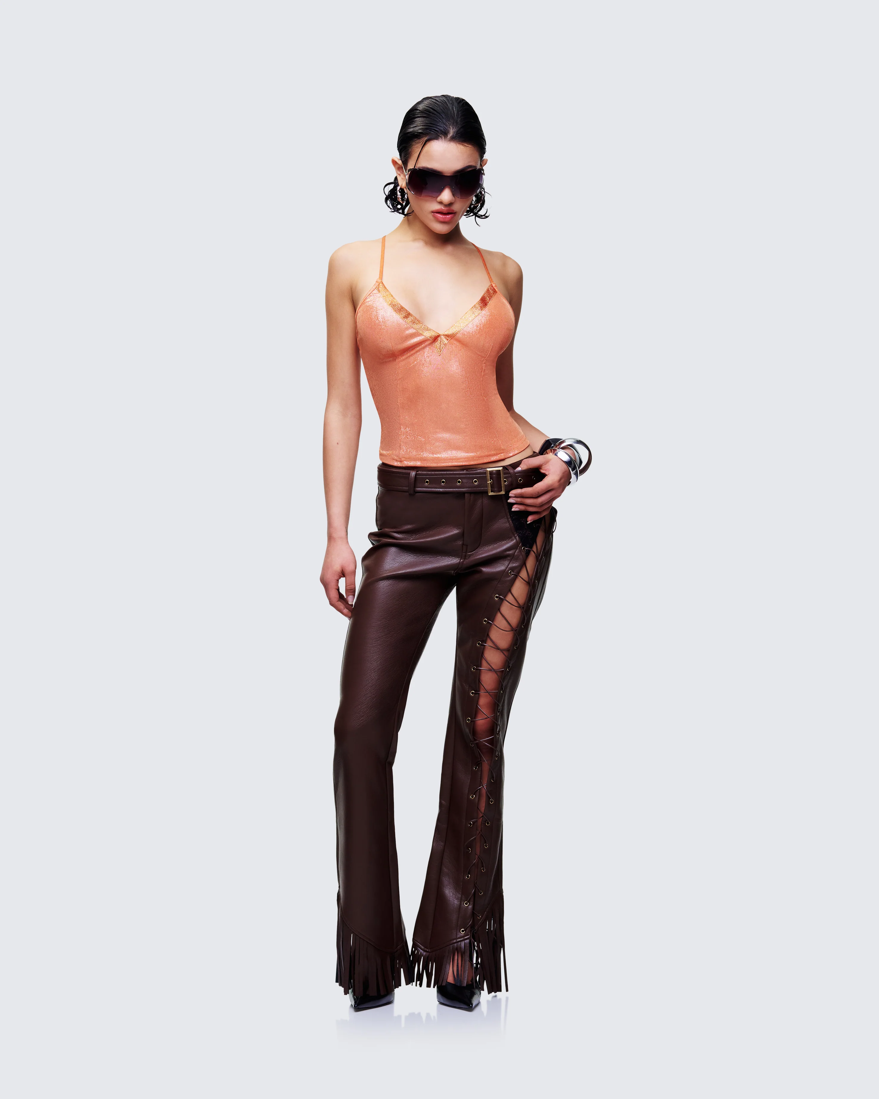 Liora Brown Vegan Leather Laced Pants - Image 5