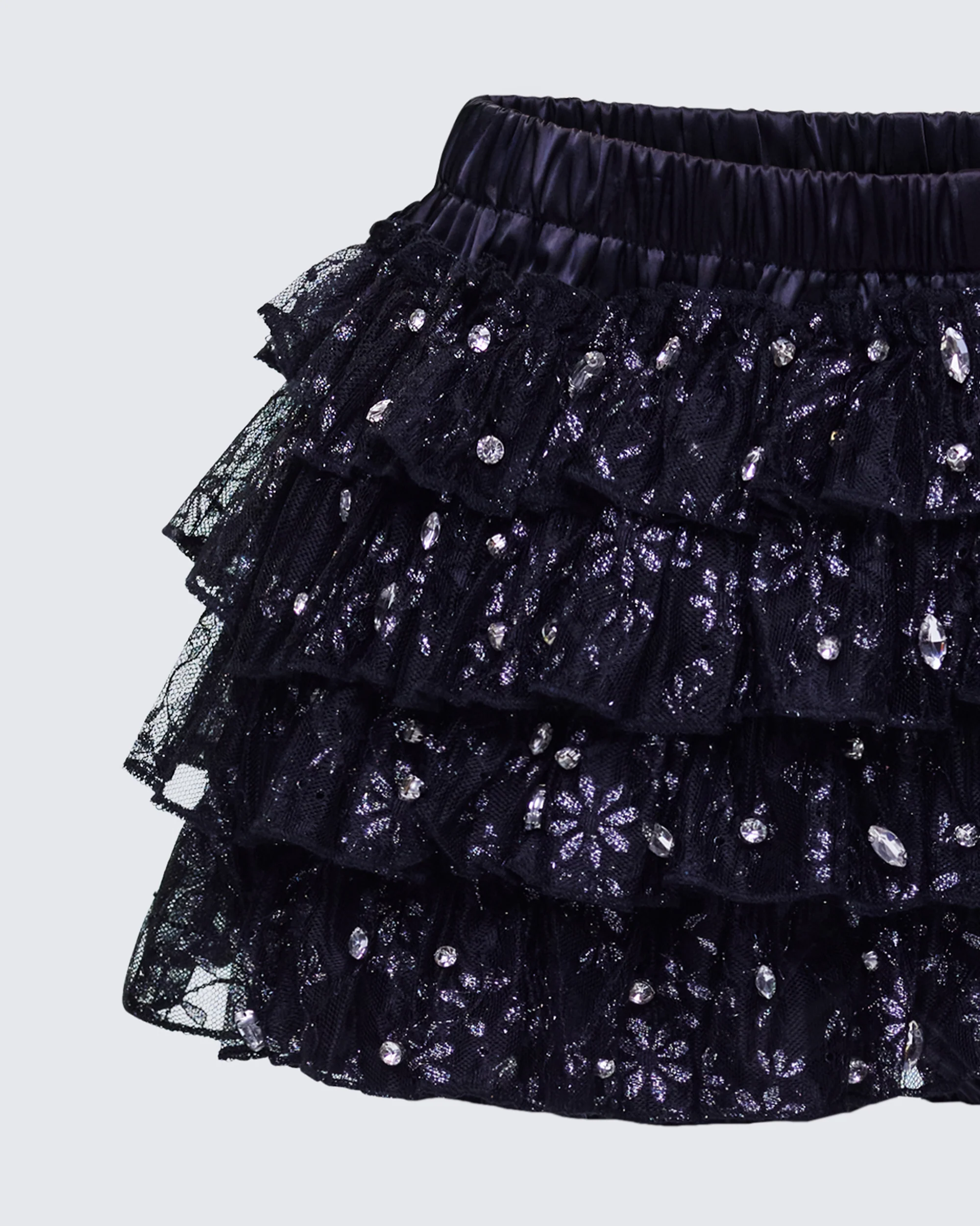 Love Hand Beaded Rhinestone Black Ruffle Short - Image 6