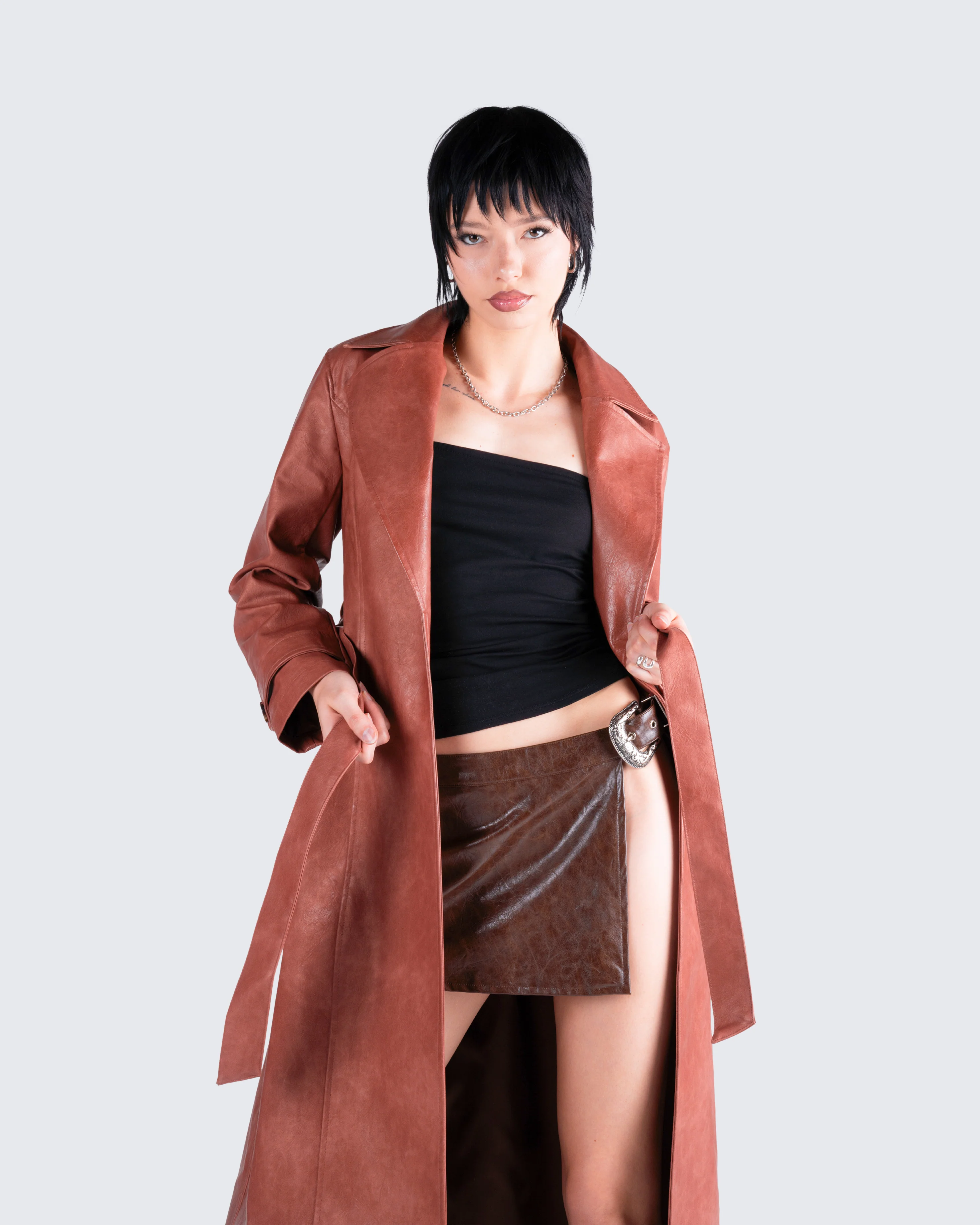 Lu Brown Vegan Leather Coat - Image 9