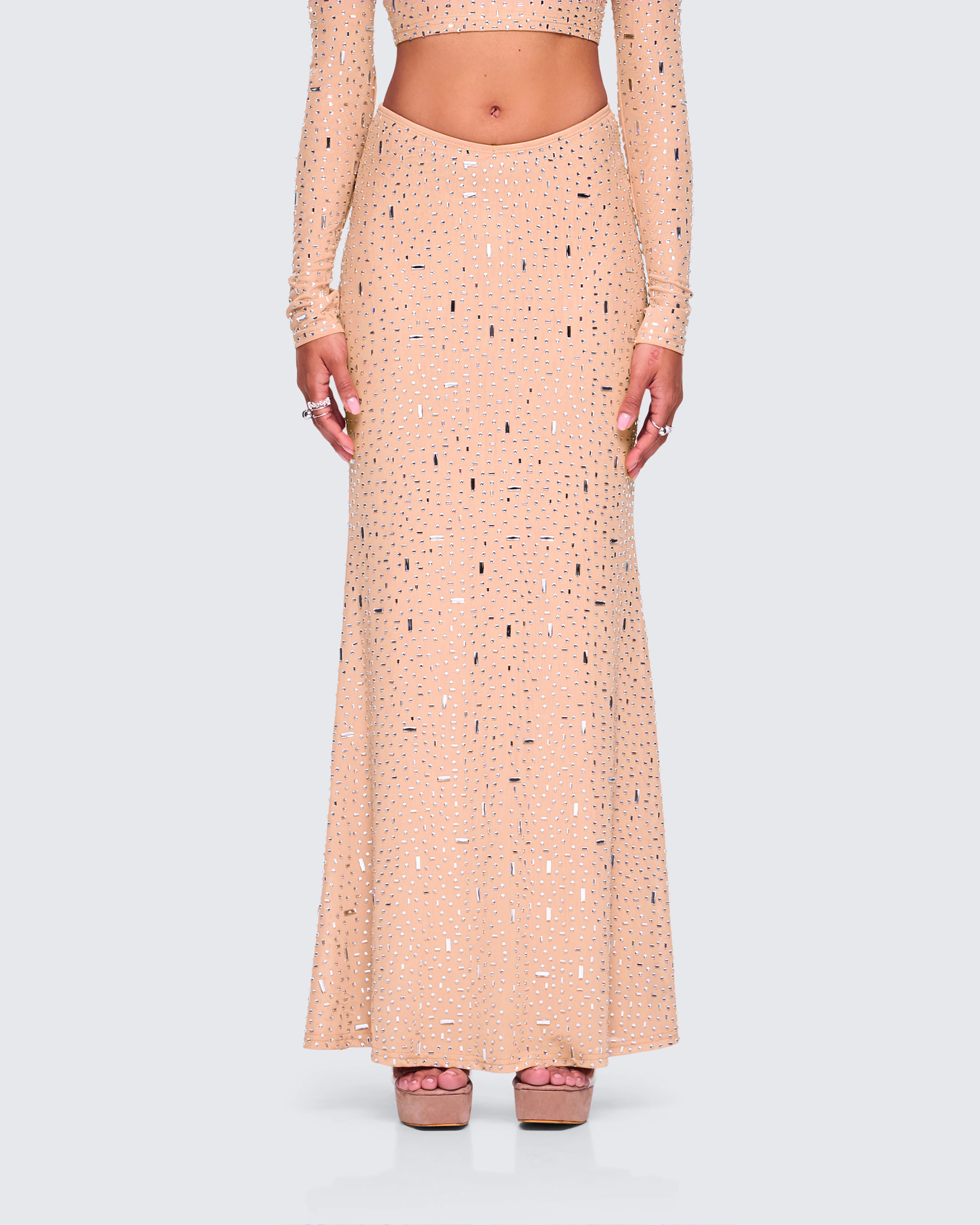 Maze Nude Rhinestone Maxi Skirt - Image 4