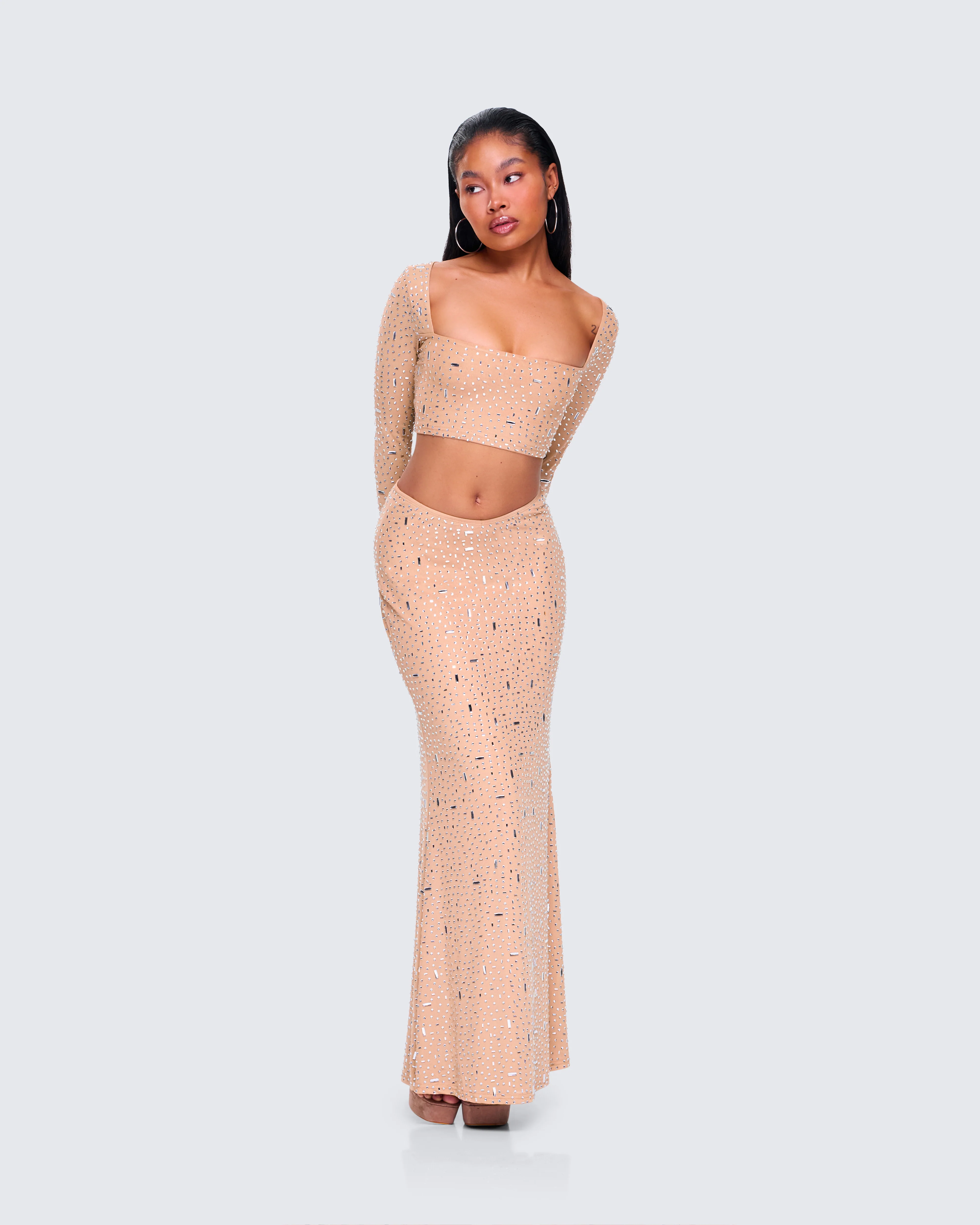 Maze Nude Rhinestone Maxi Skirt - Image 8