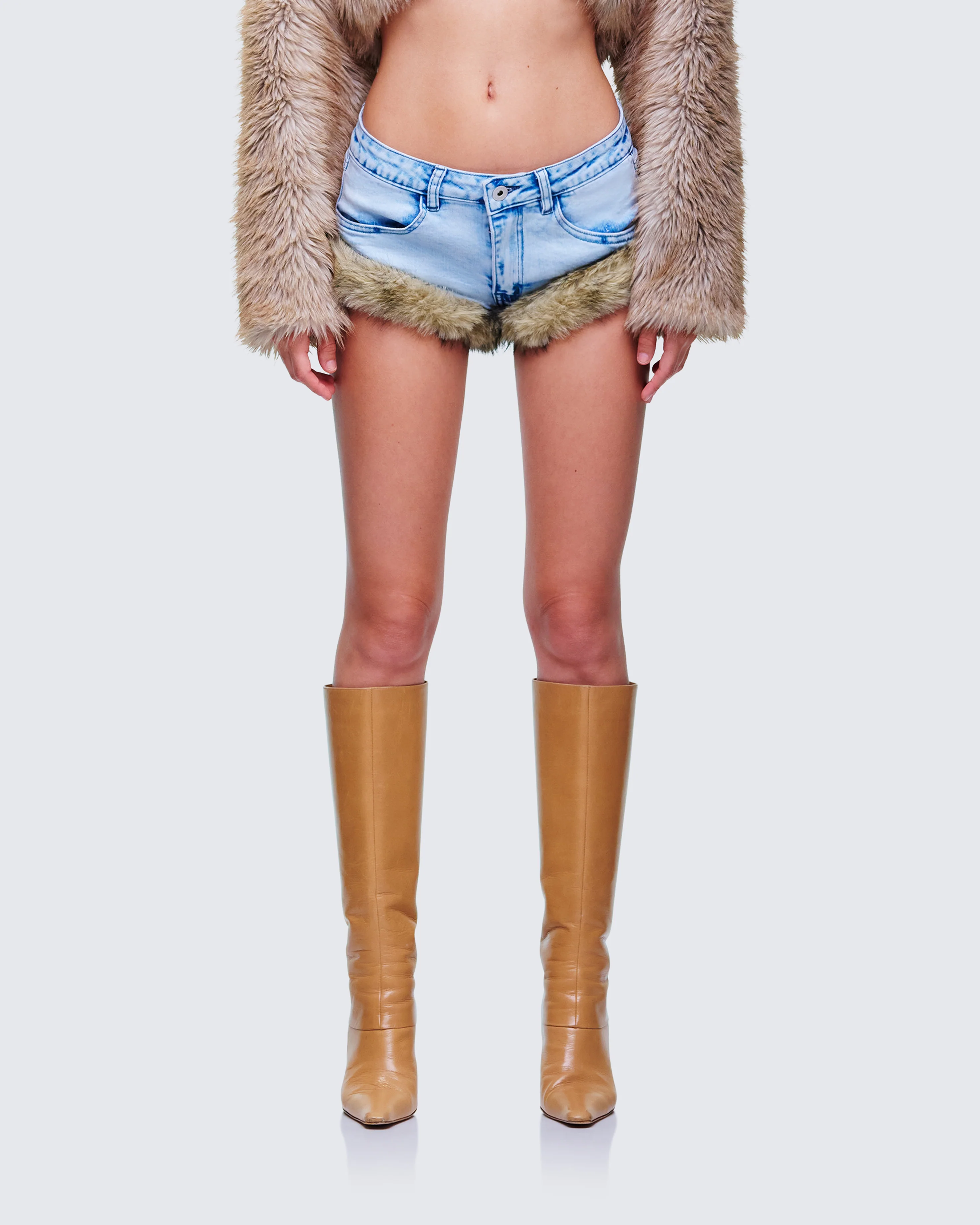 Megari Denim Faux Fur Trim Mini Shorts - Image 2