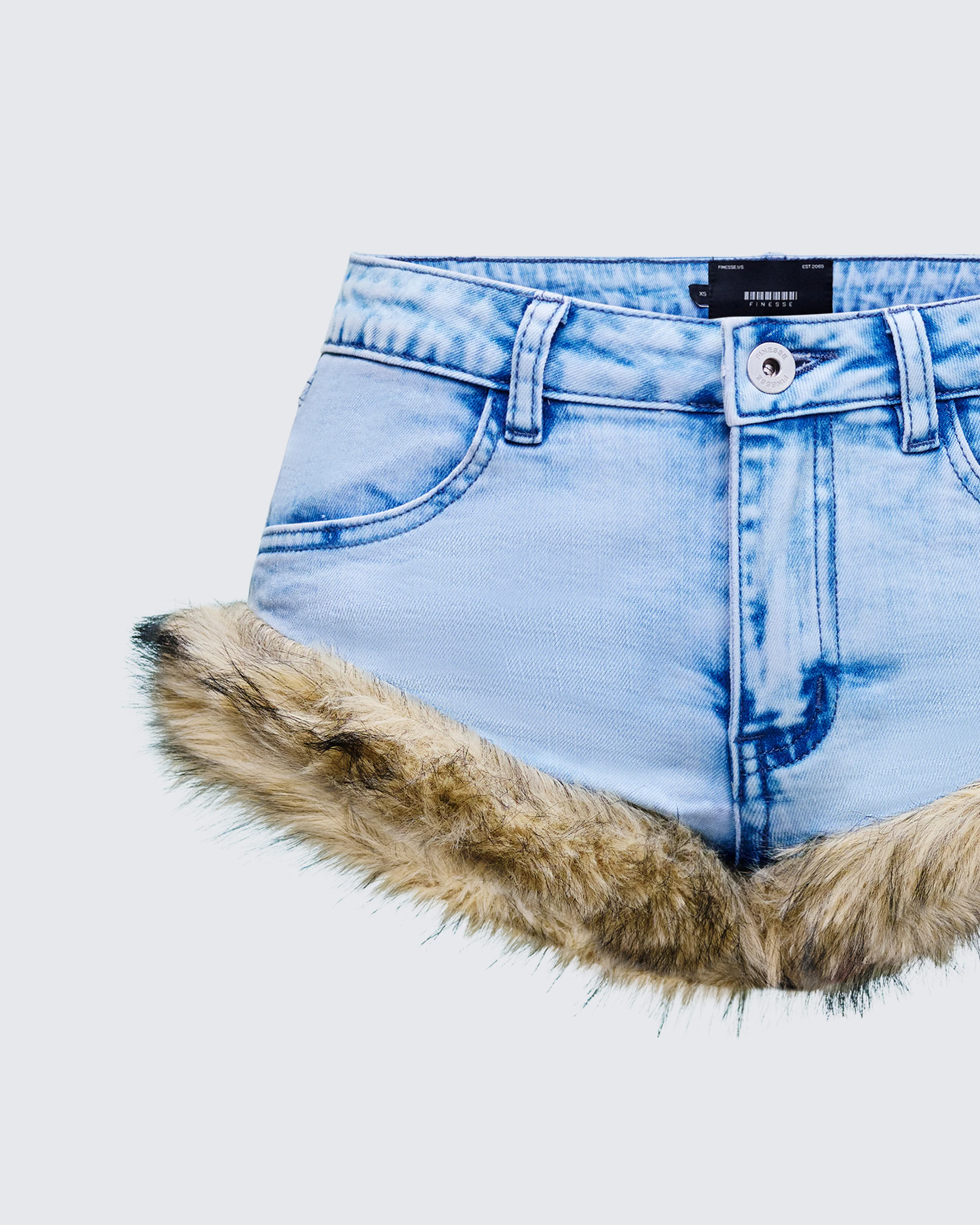 Megari Denim Faux Fur Trim Mini Shorts - Image 6