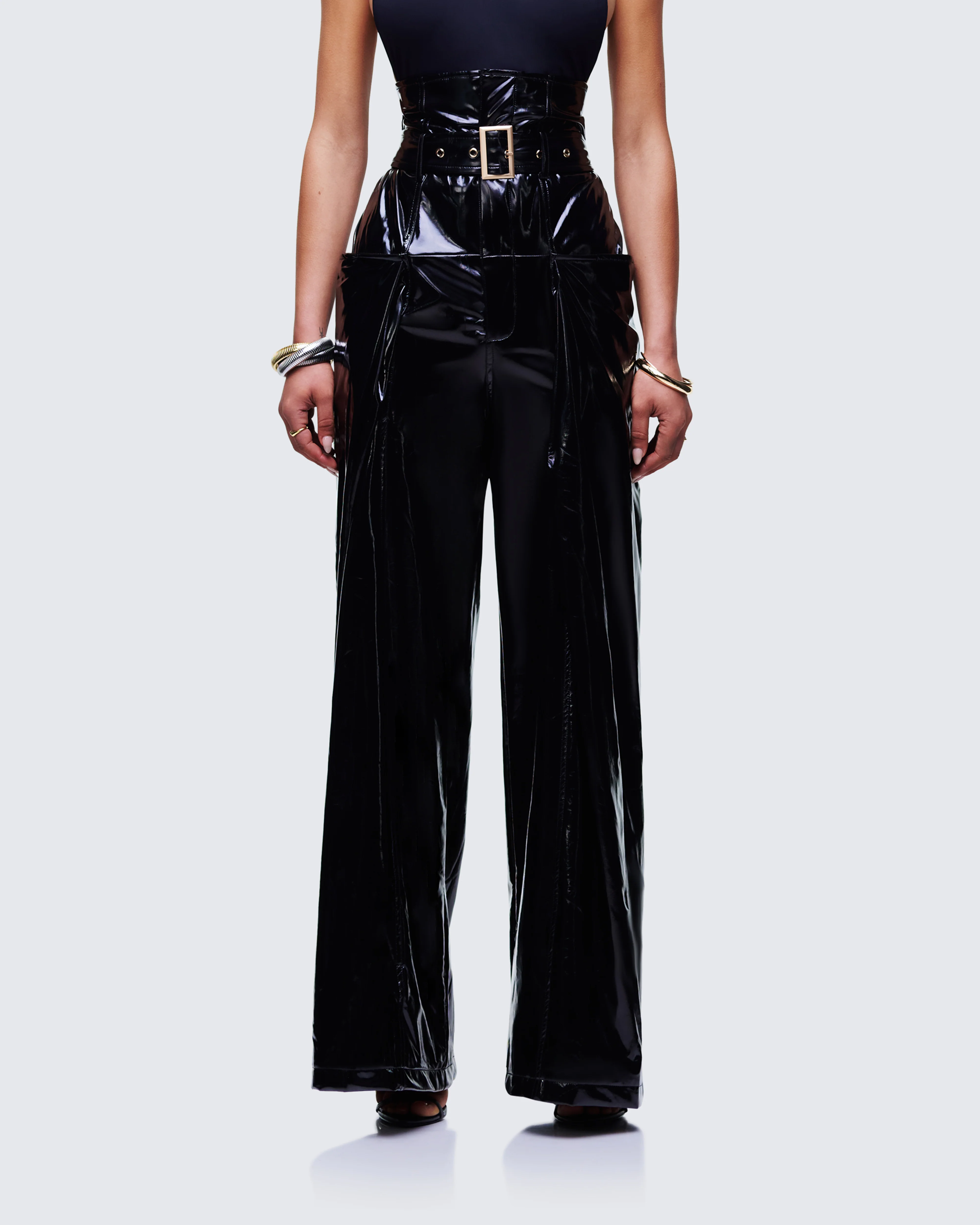 Melusine Black Vegan Leather Belted Paperbag Trousers - Image 2