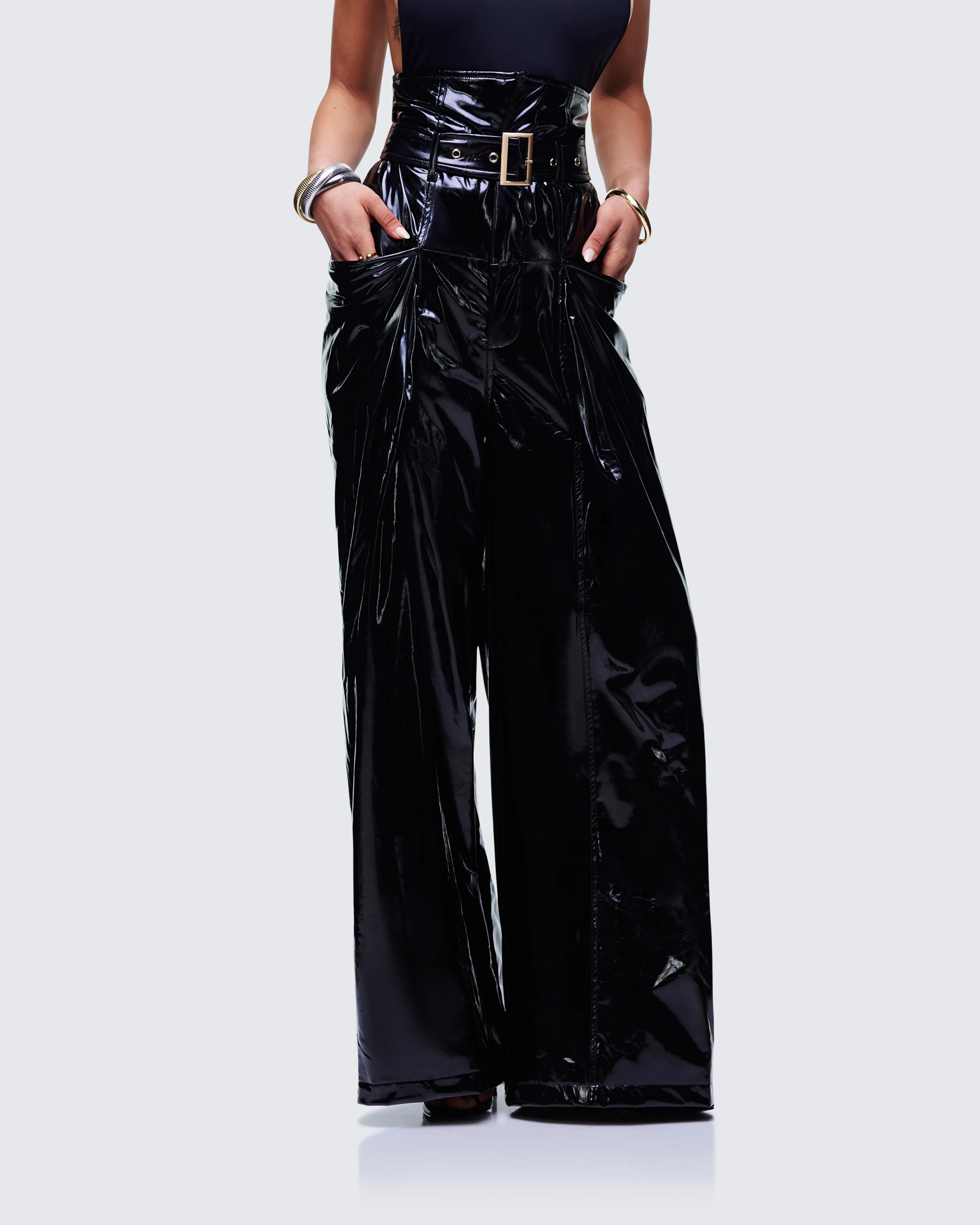Melusine Black Vegan Leather Belted Paperbag Trousers - Image 3