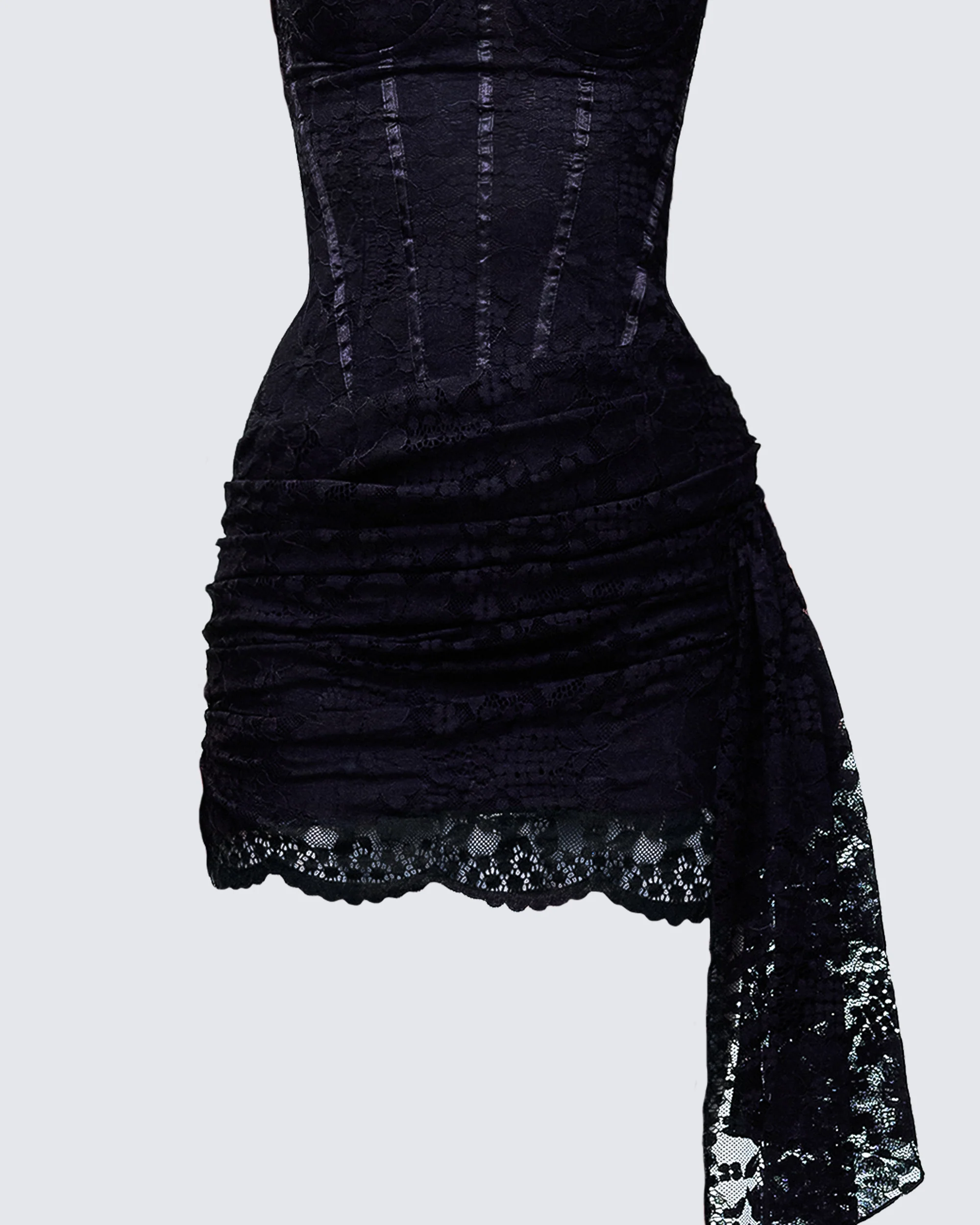 Millicent Black Lace Corset Drape Mini Dress - Image 6