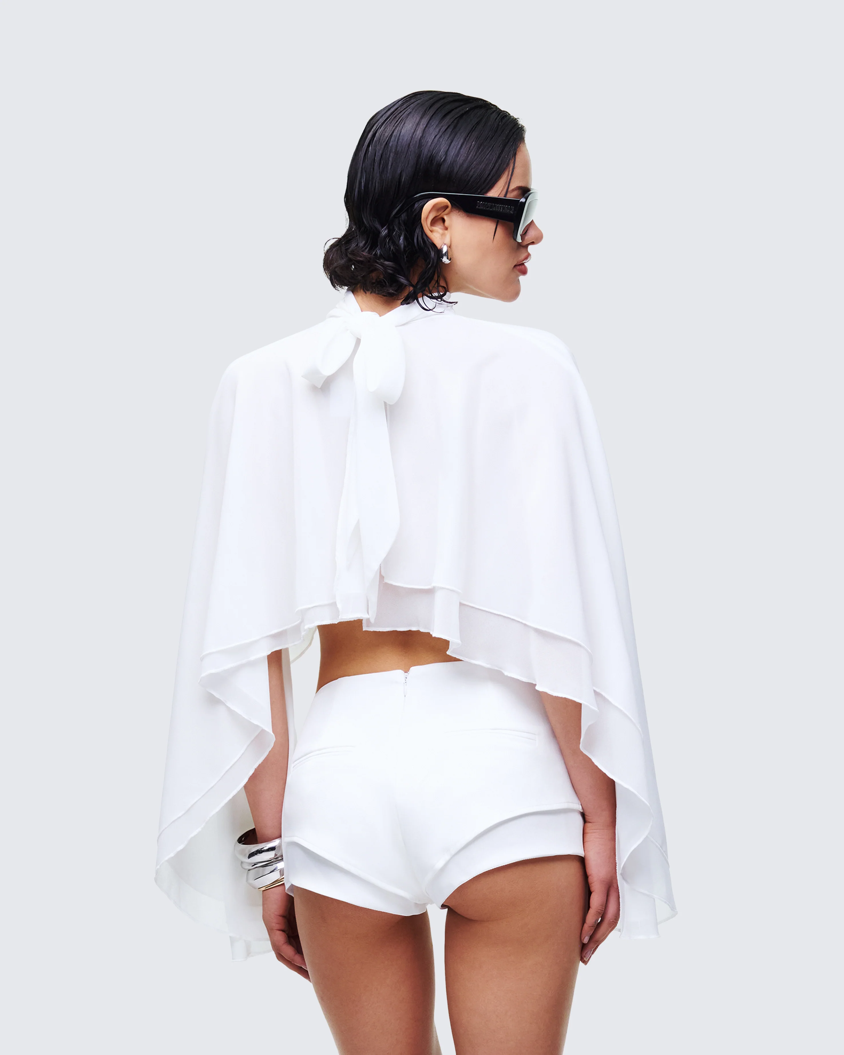 Mitchie White Georgette Open Back Cape - Image 4