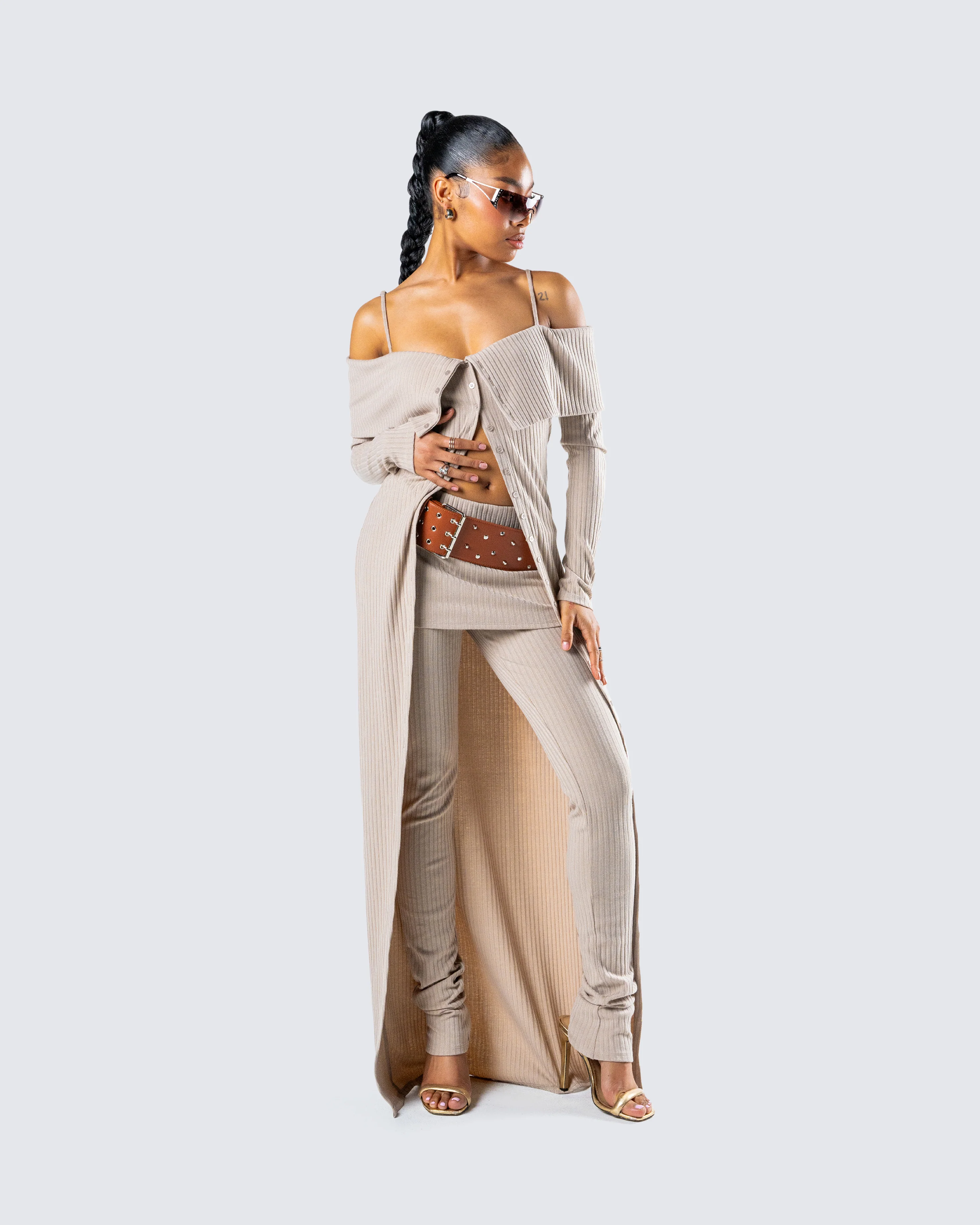 Myka Beige Rib Foldover Legging - Image 9