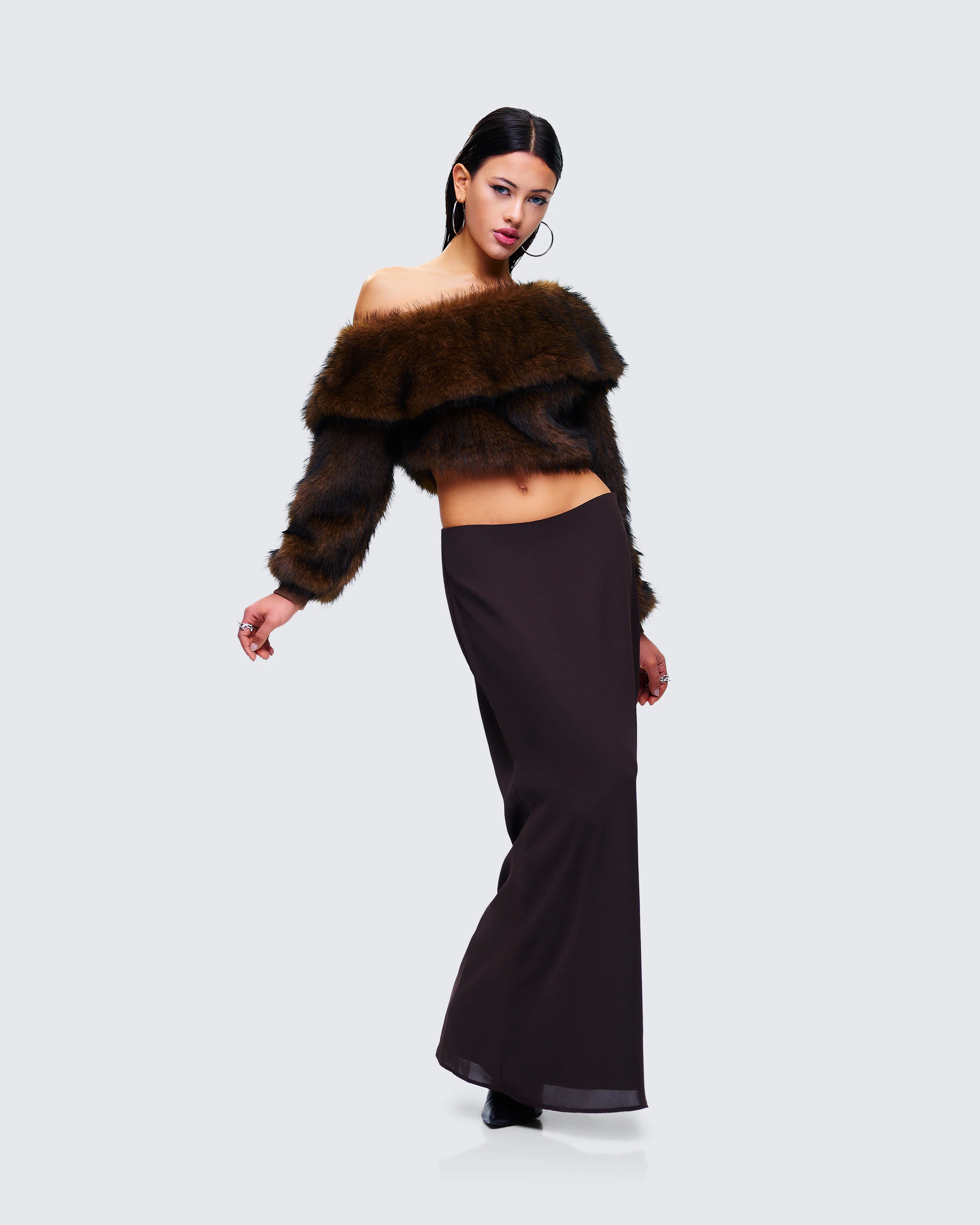 Nadi Brown Faux Fur Off Shoulder Top - Image 6