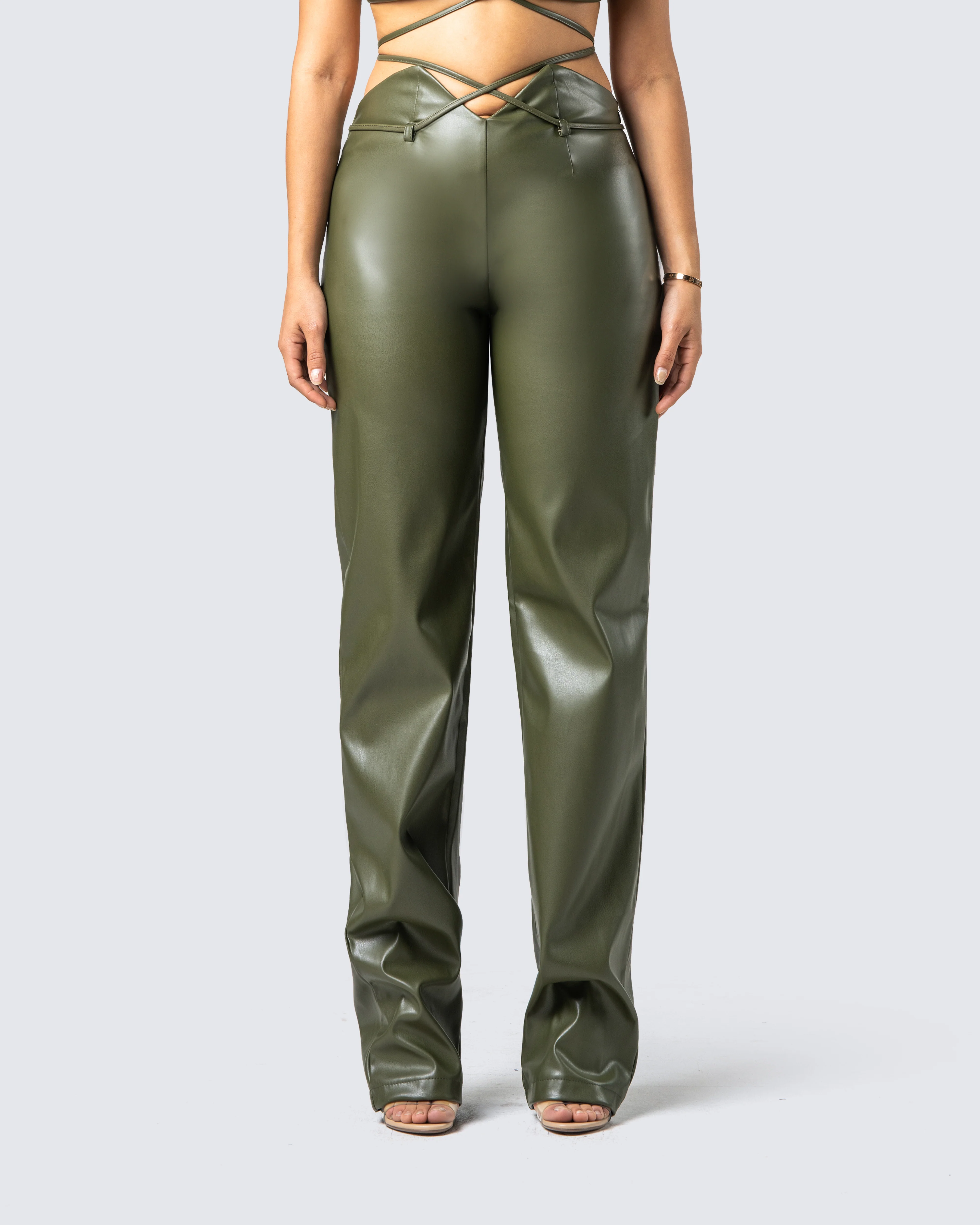 Nadir Olive Vegan Leather Pant - Image 4