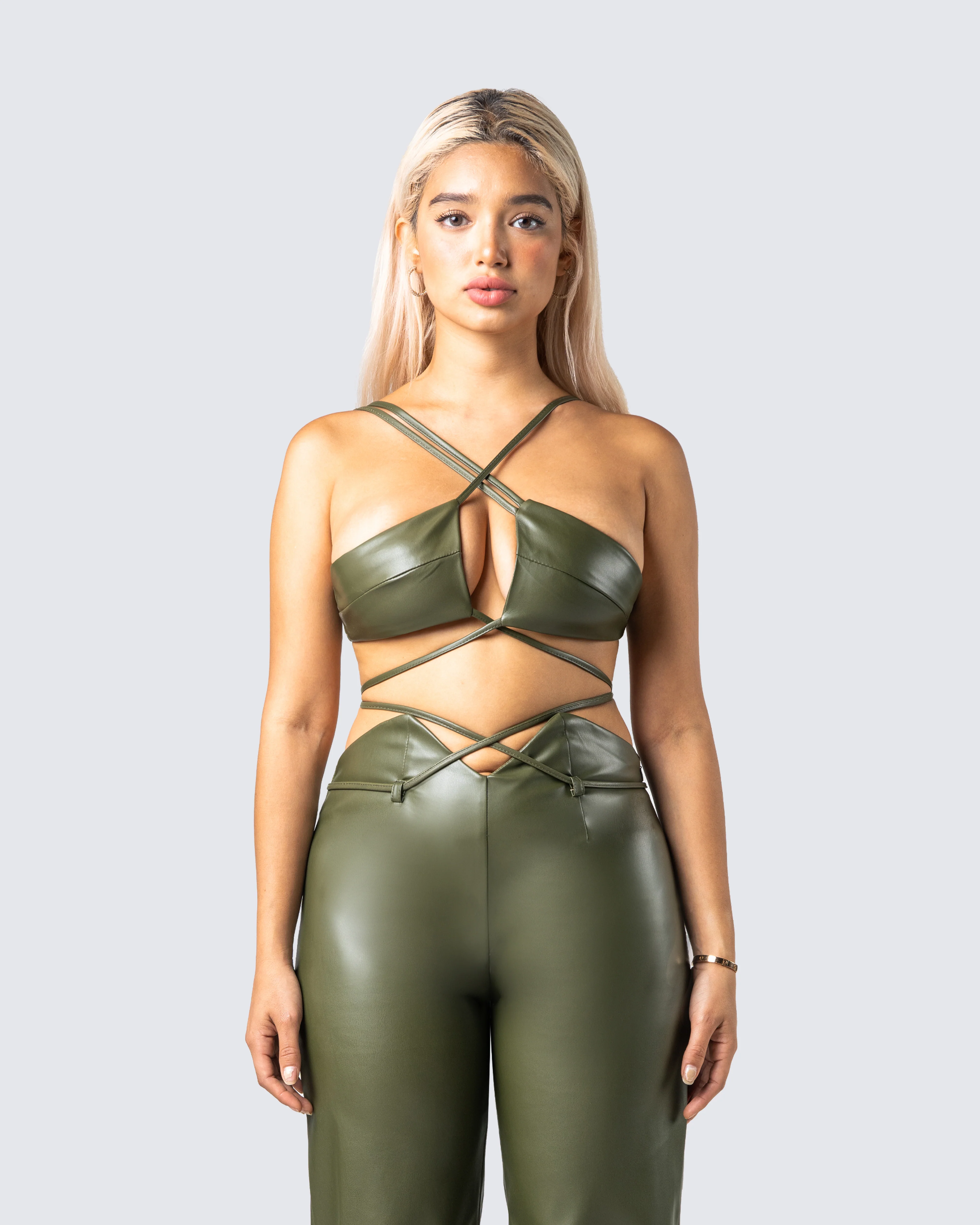 Nadir Olive Vegan Leather Tie Top - Image 4