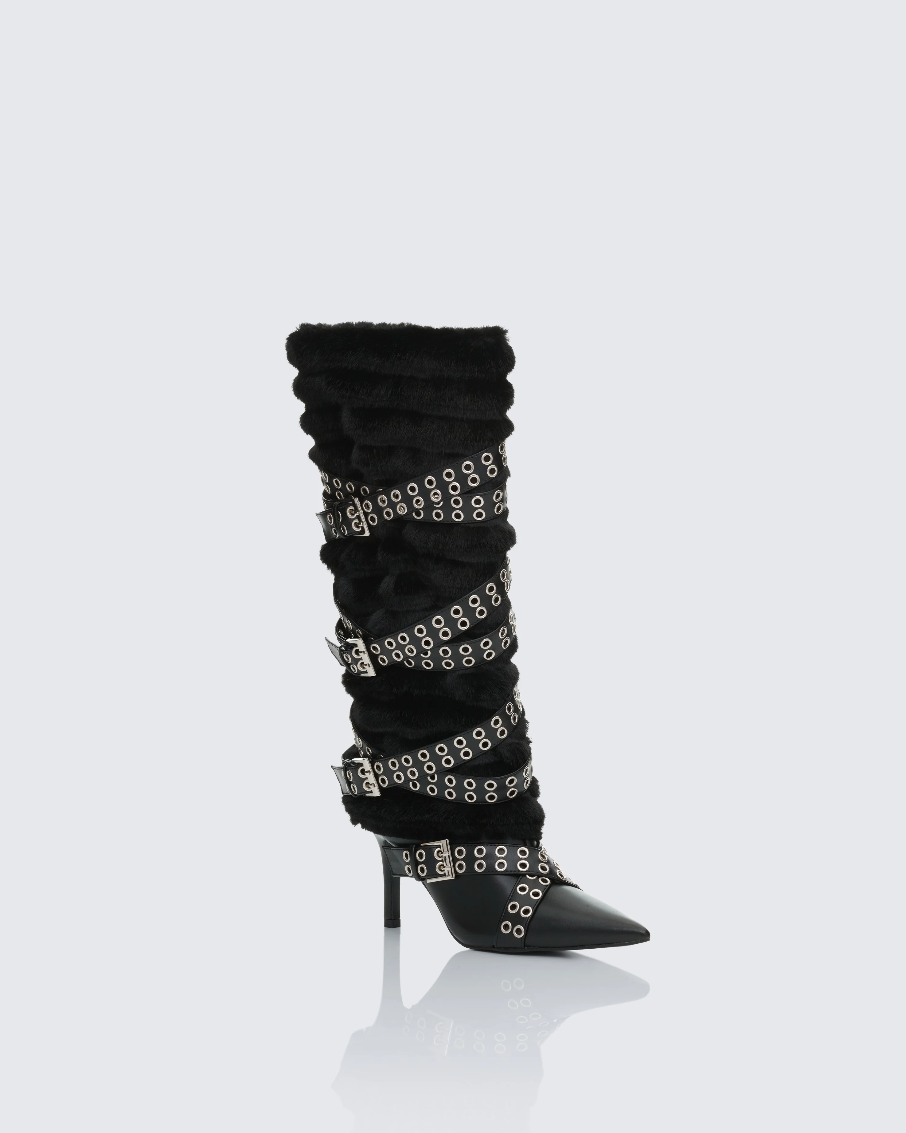 Namira Black Fur Knee High Buckle Strapped Boot - Image 2