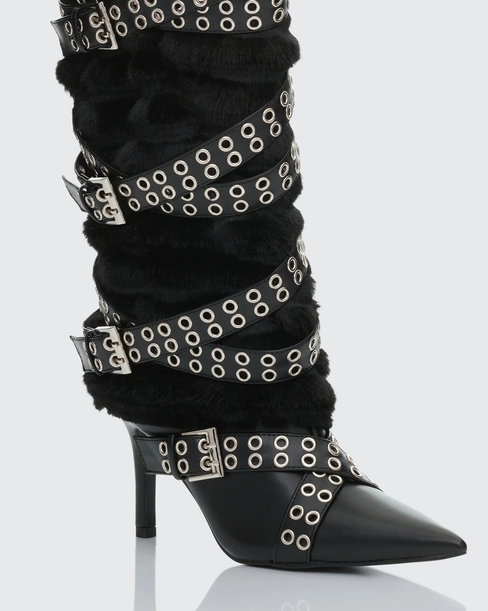 Namira Black Fur Knee High Buckle Strapped Boot - Image 4