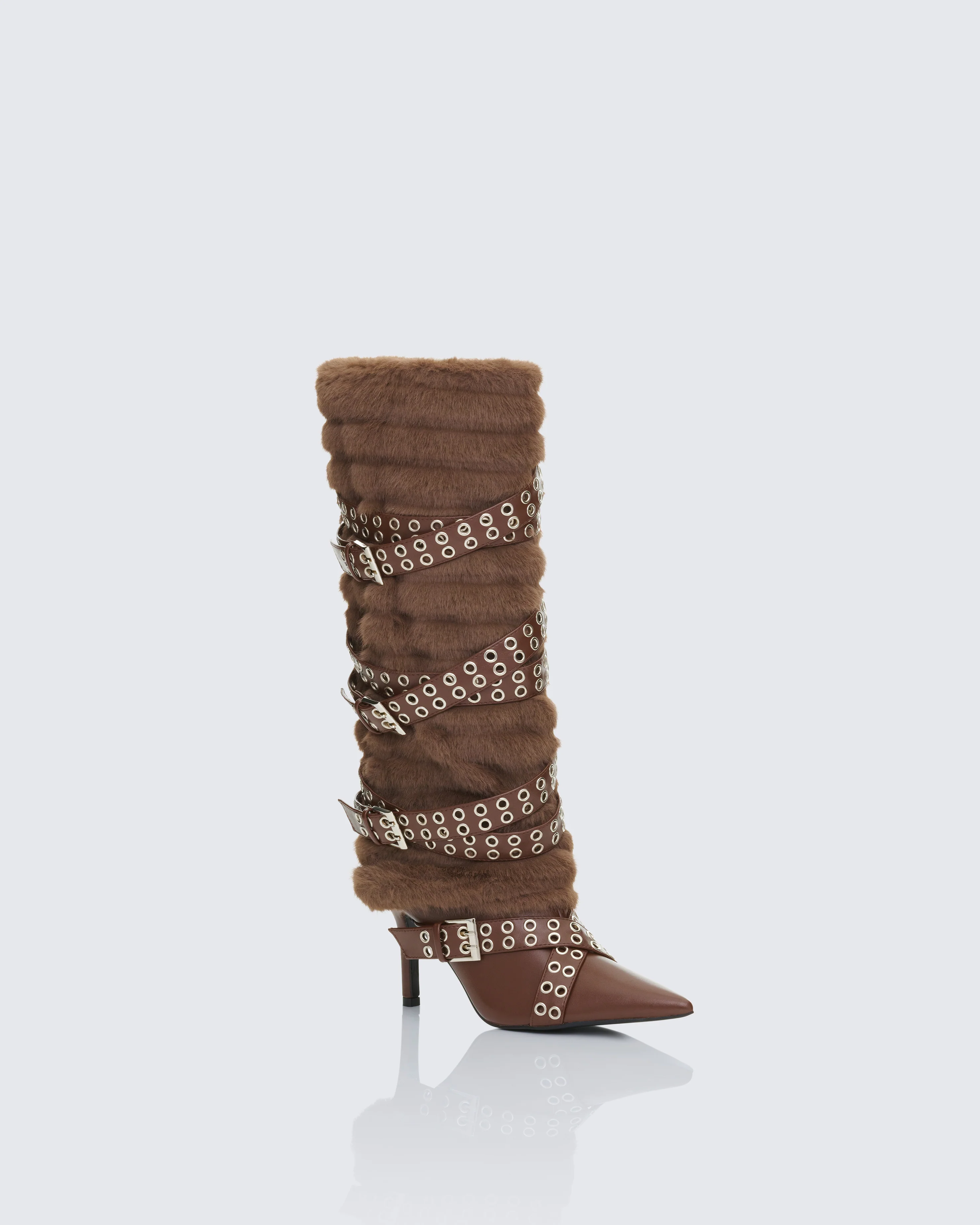 Namira Brown Fur Knee High Buckle Strapped Boot - Image 2