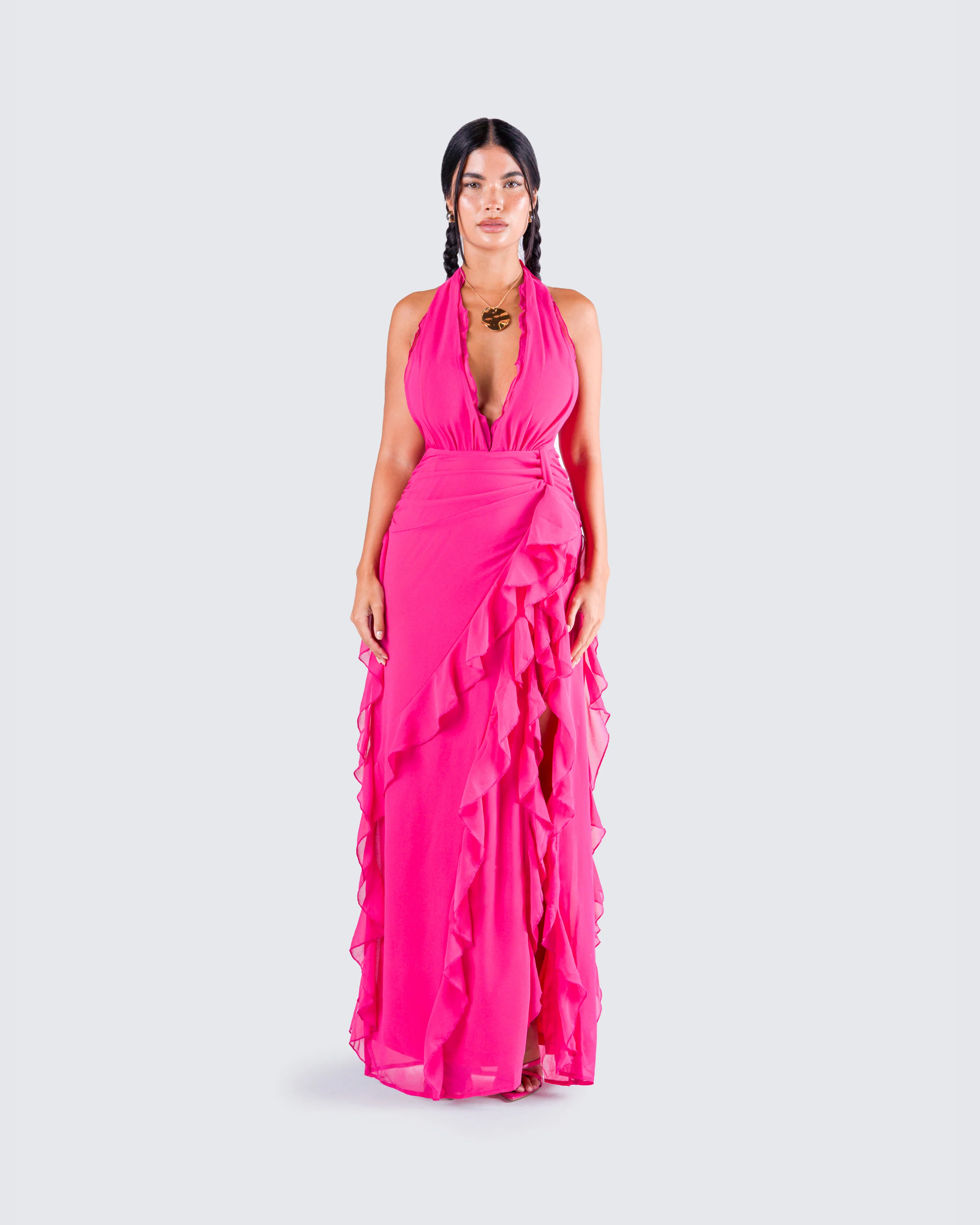 Nandi Hot Pink Ruffle Maxi Dress - Image 4