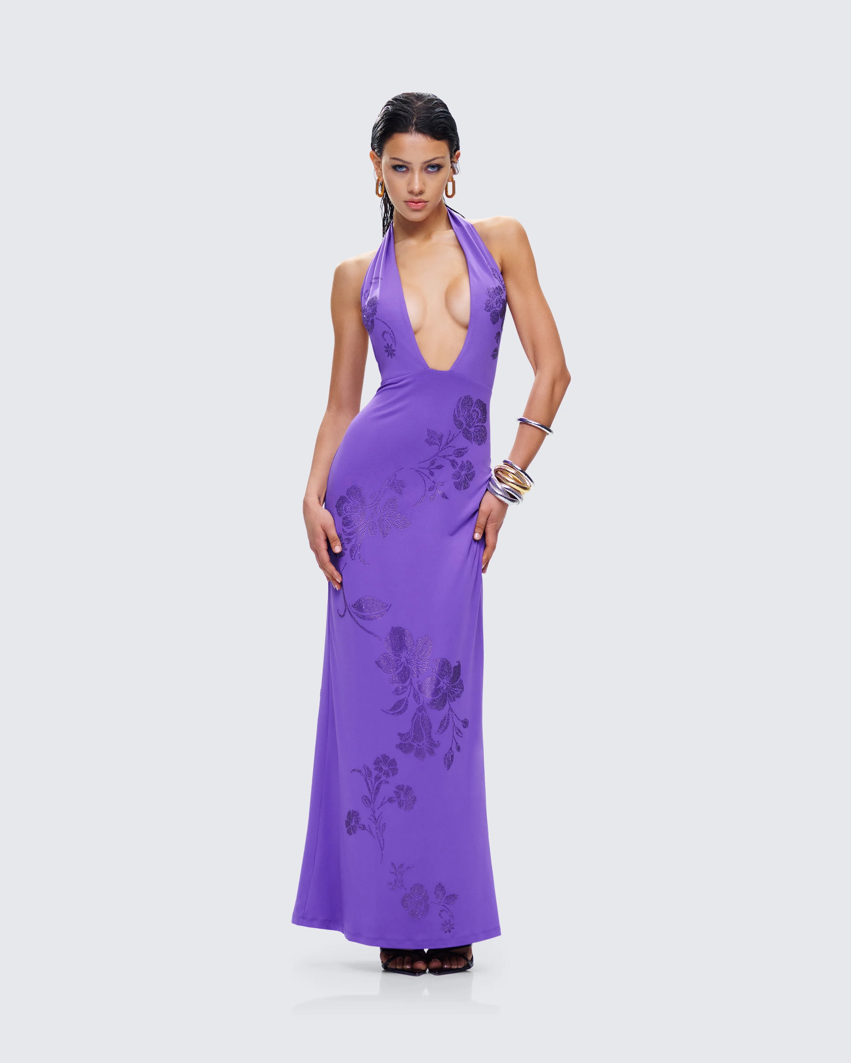 Nari Purple Rhinestone Plunge Maxi Dress - Image 5