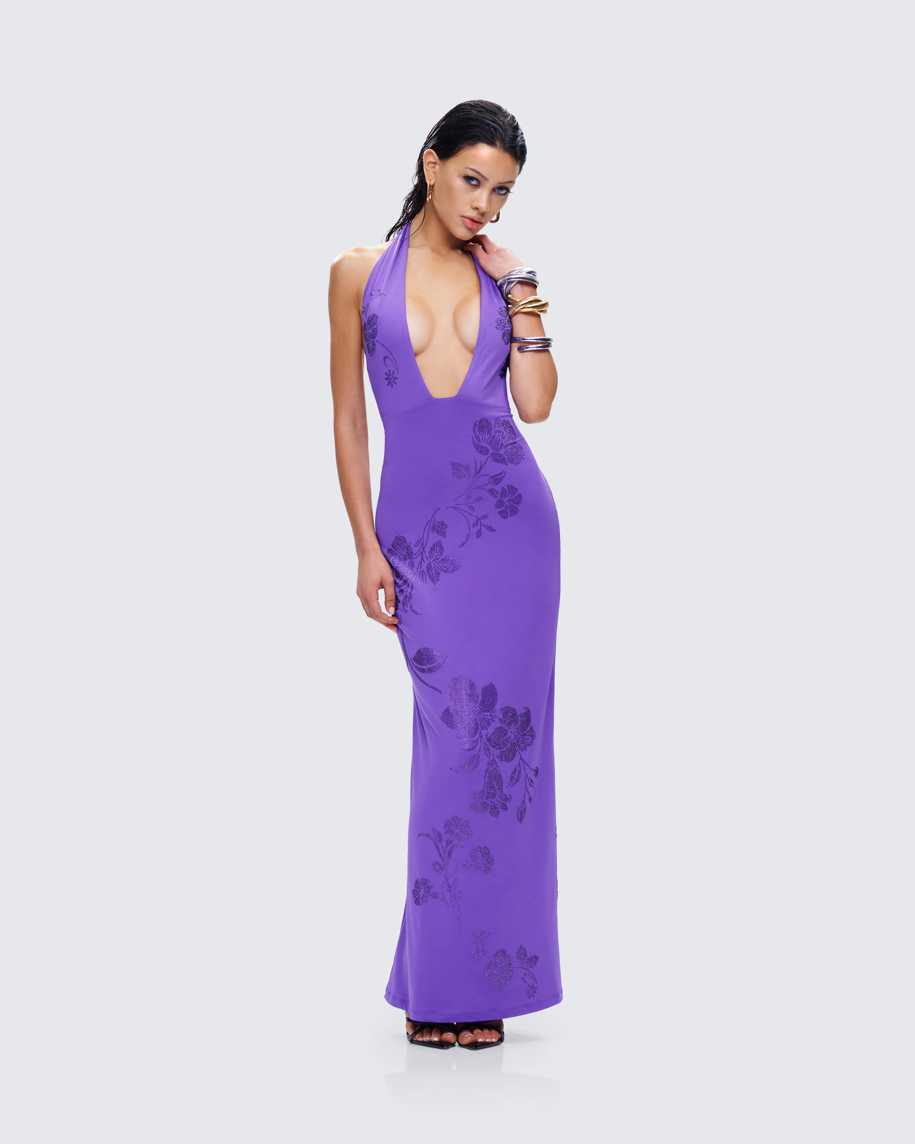Nari Purple Rhinestone Plunge Maxi Dress - Image 6