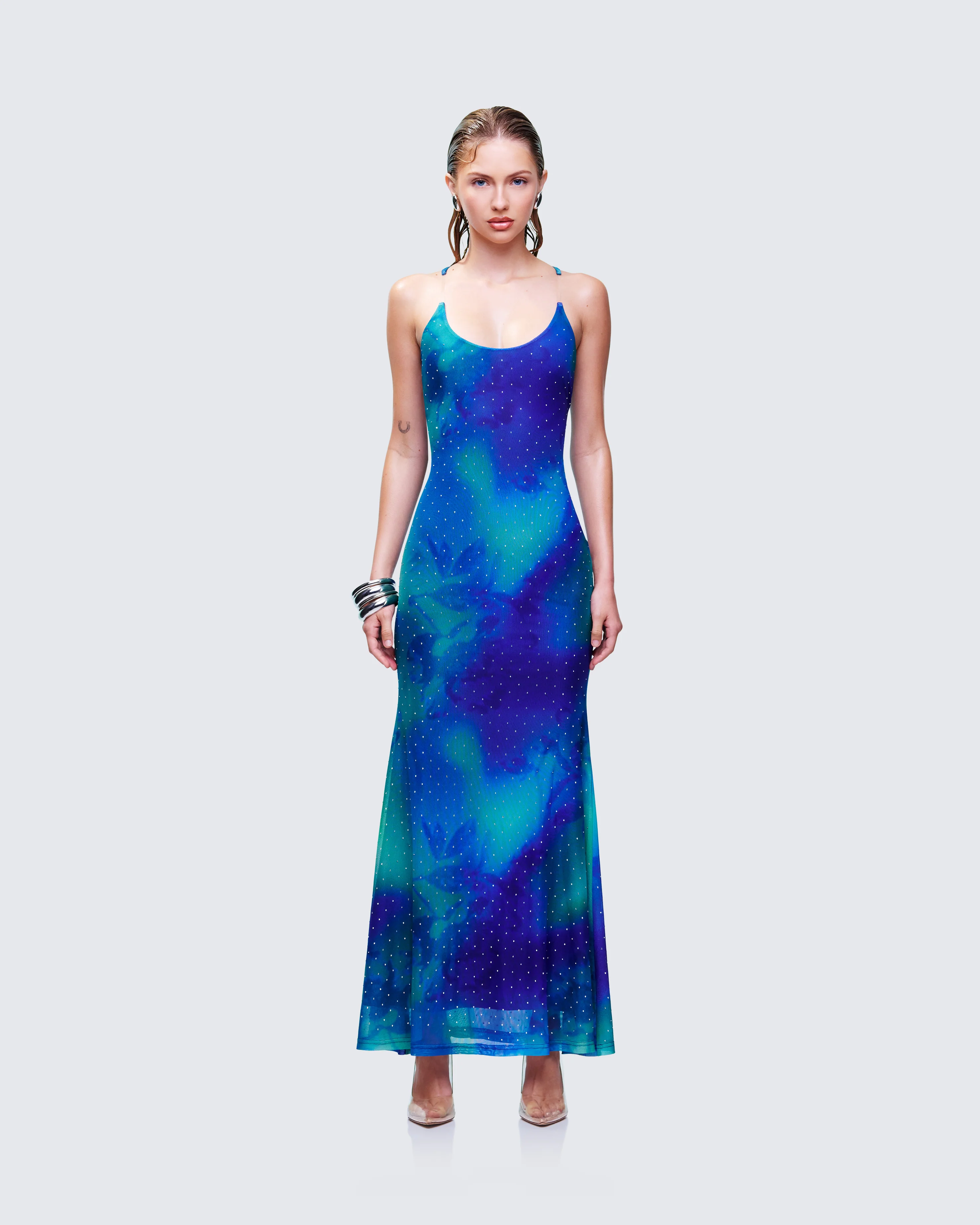Naya Blue Printed Mesh Maxi Dress - Image 2