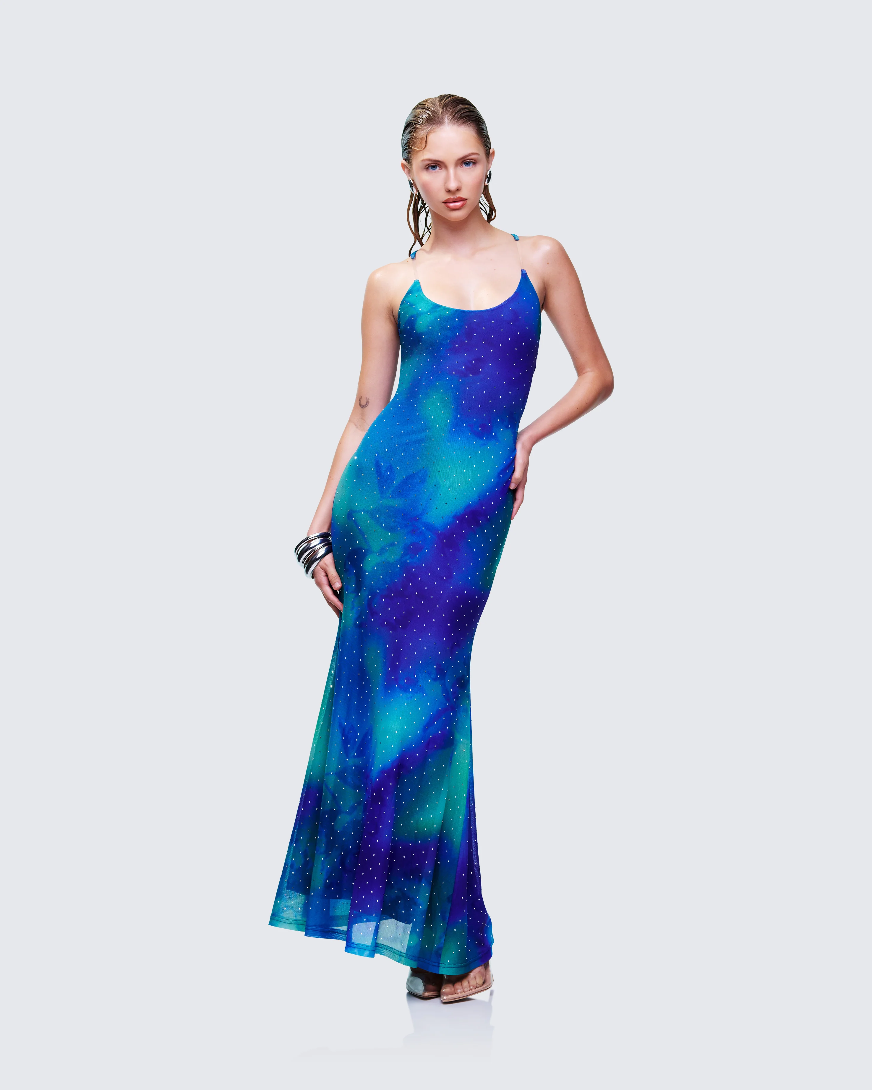 Naya Blue Printed Mesh Maxi Dress - Image 3
