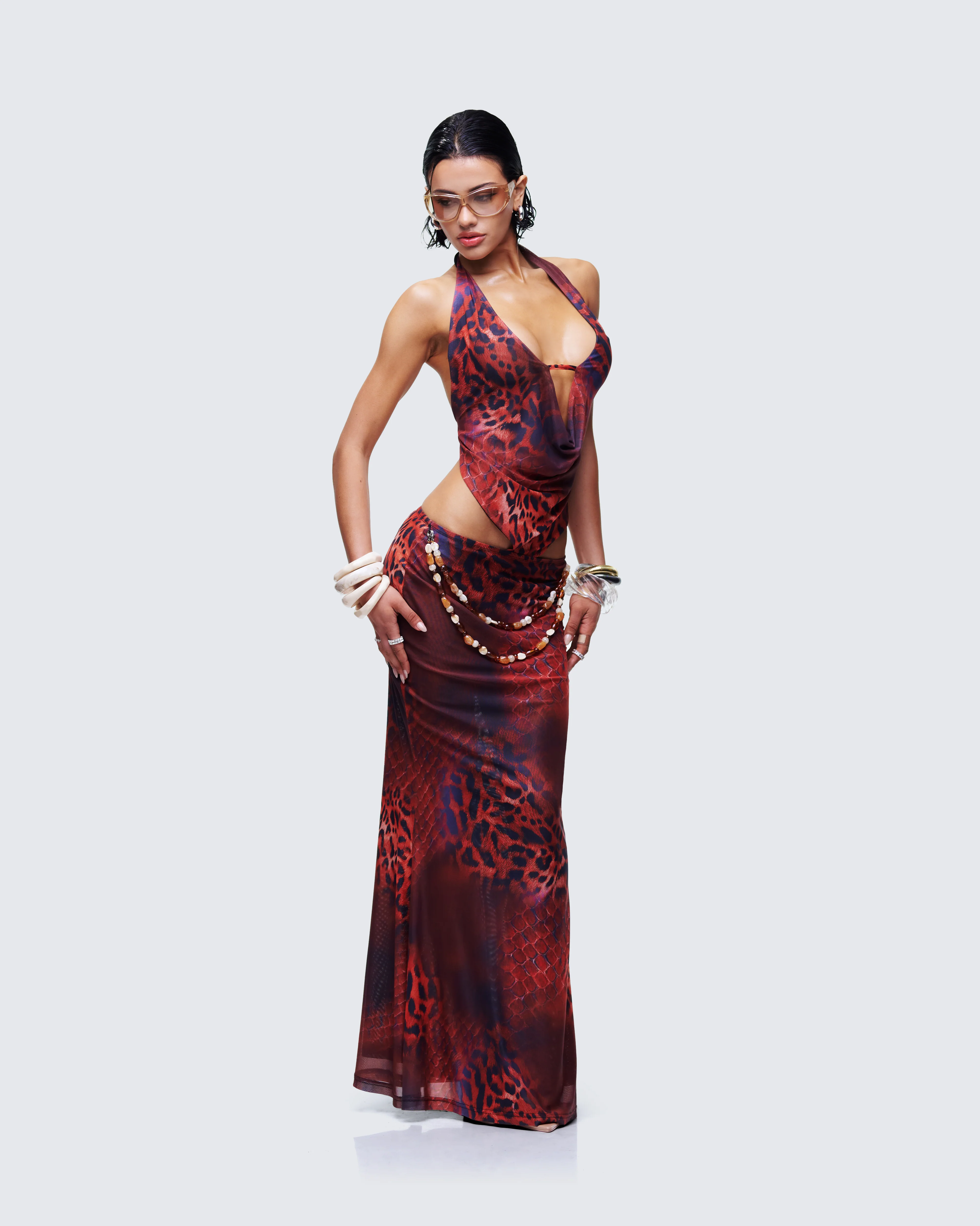 Neeve Red Mesh Bead Trim Maxi Dress - Image 4