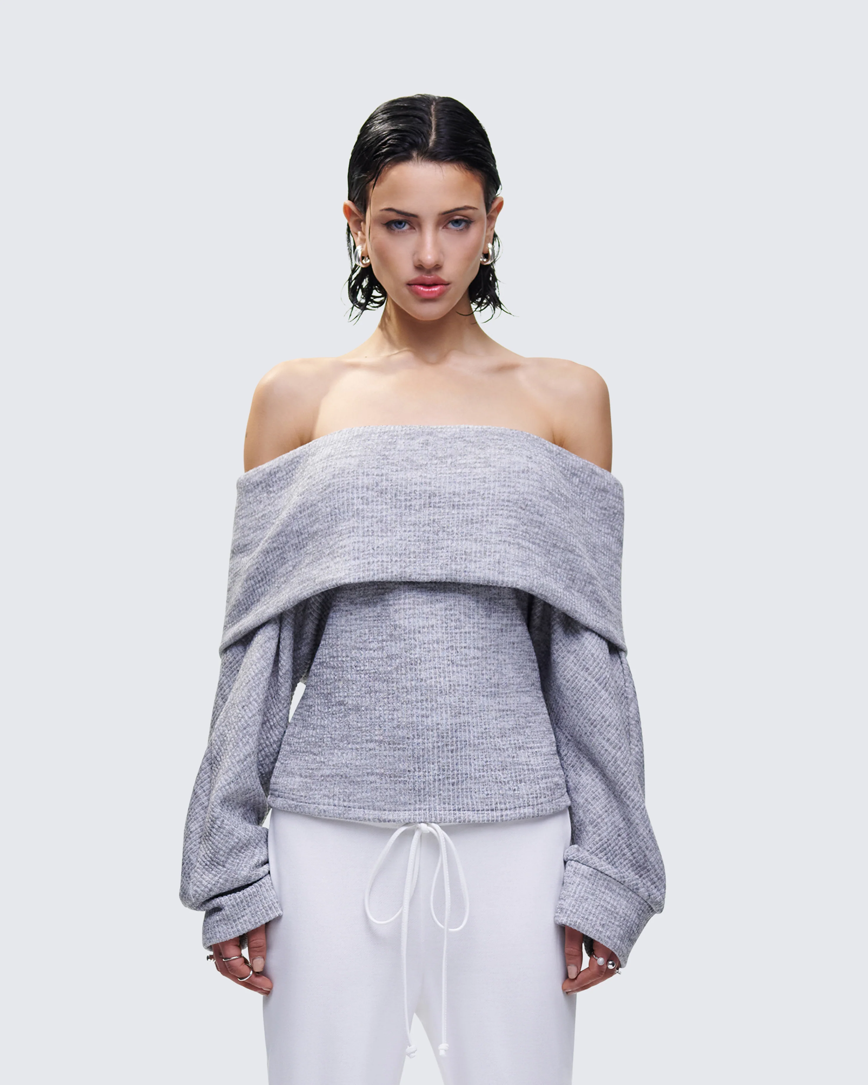 Nesa Grey Off Shoulder Sweater Top - Image 4