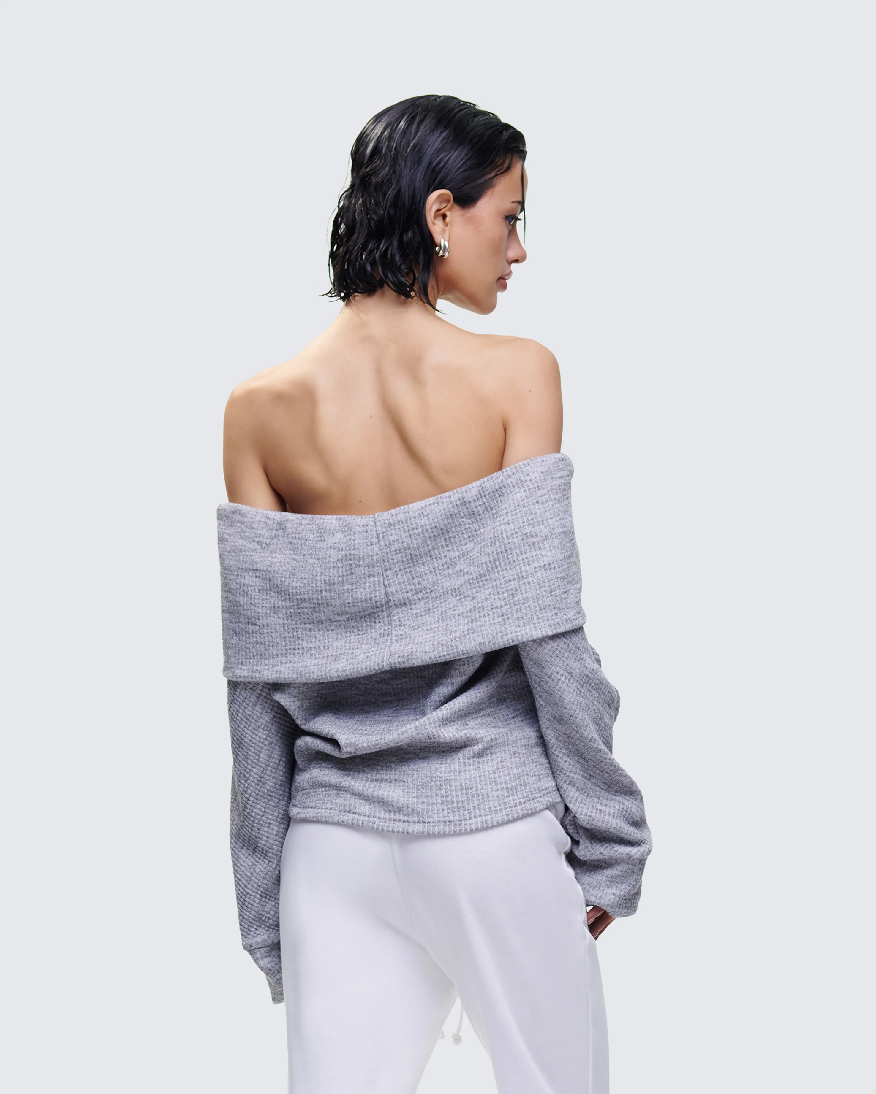 Nesa Grey Off Shoulder Sweater Top - Image 6