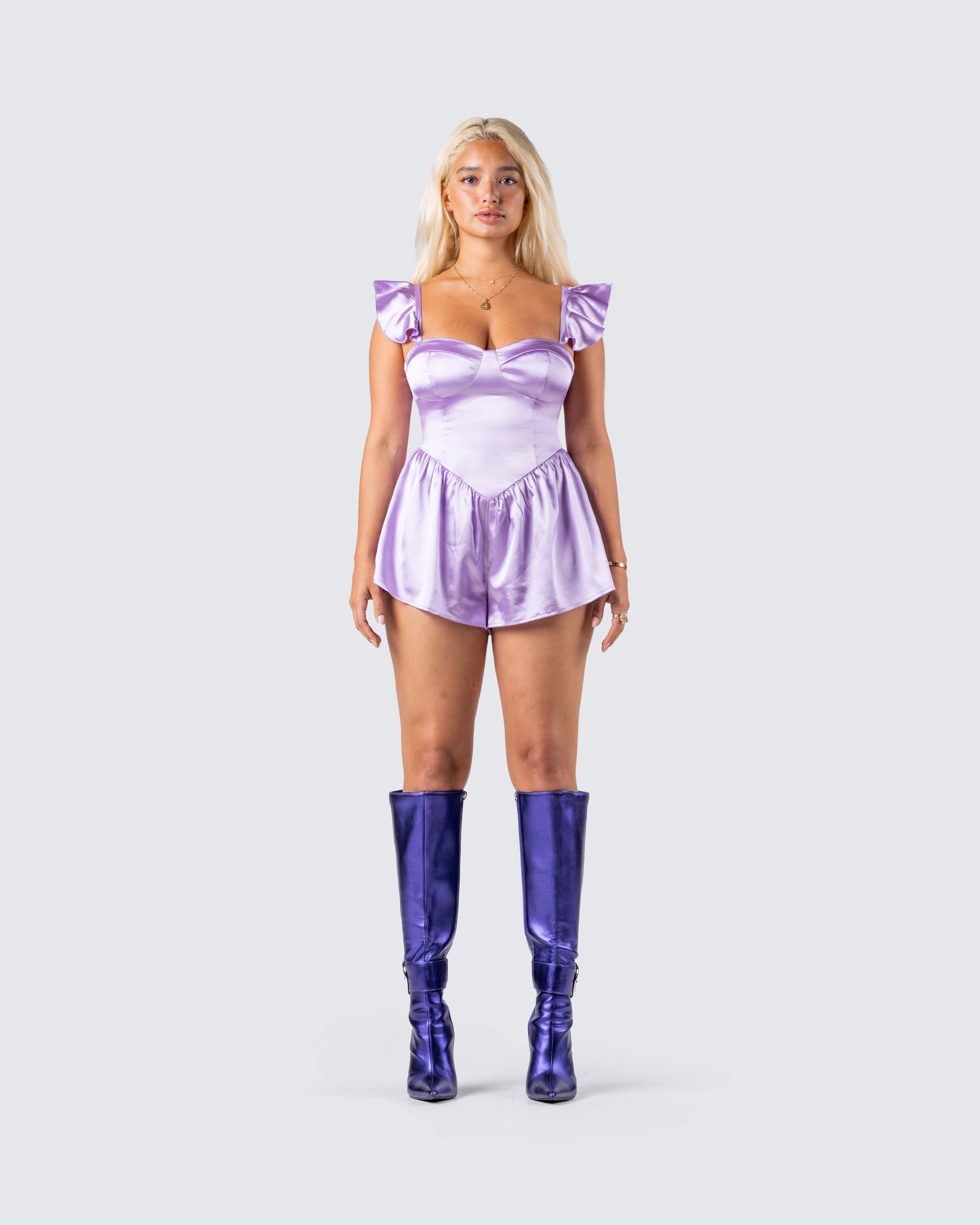 Nett Lavender Satin Ruffle Romper - Image 2