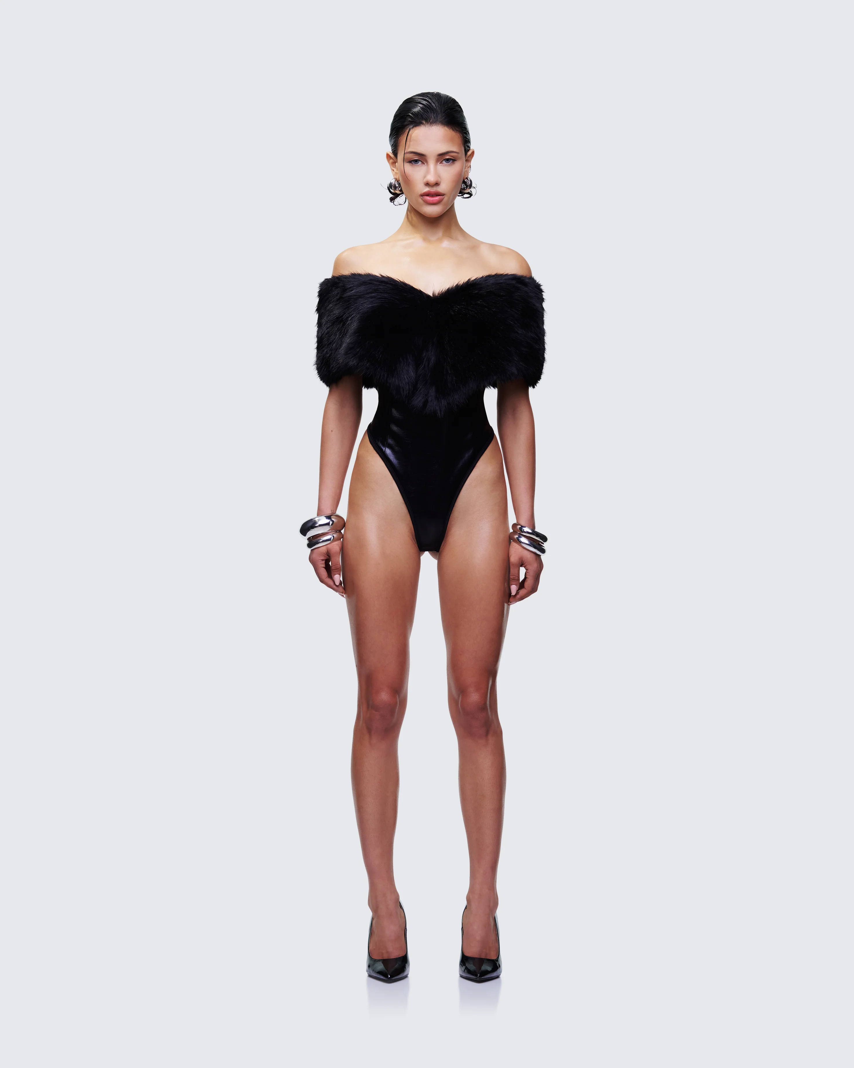 Nina Black Fur Trim Bodysuit - Image 2