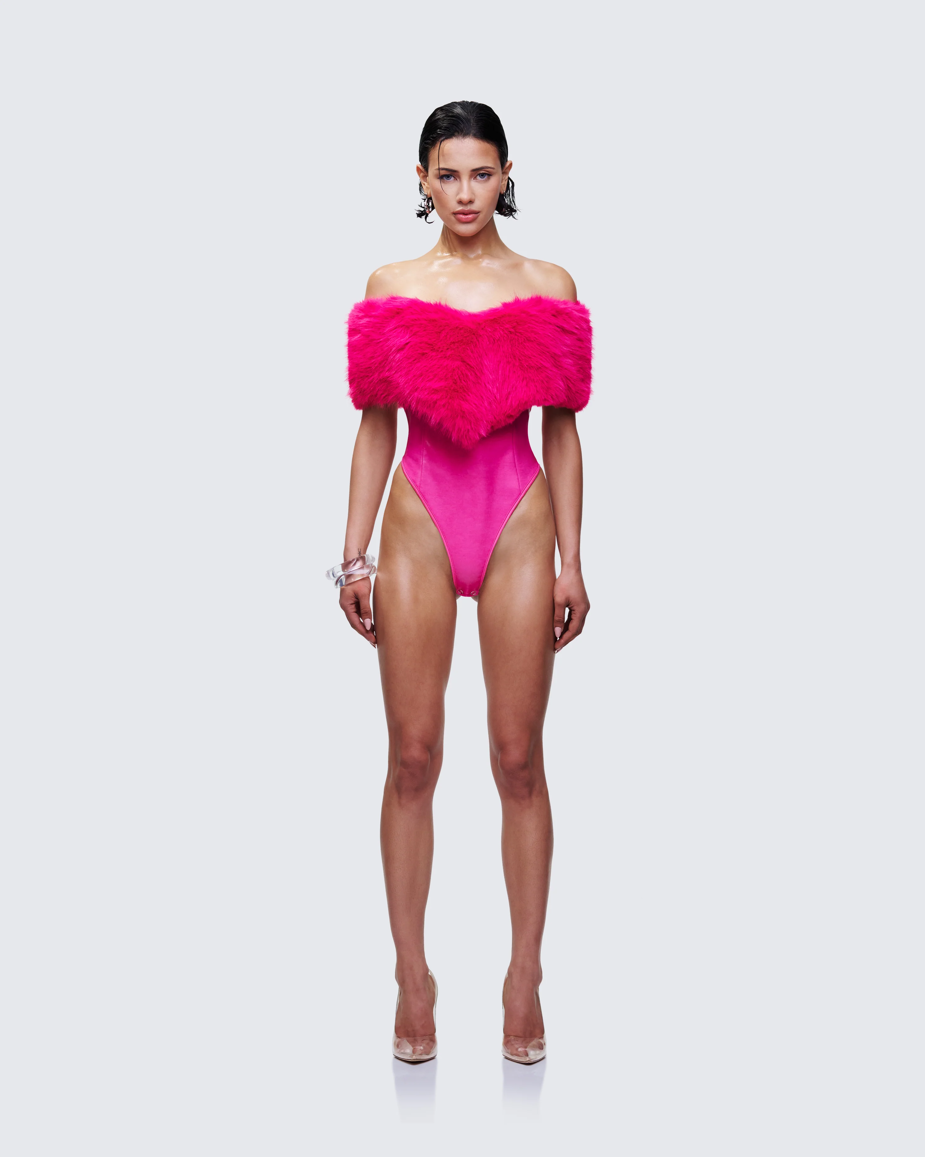 Nina Pink Fur Trim Bodysuit - Image 2