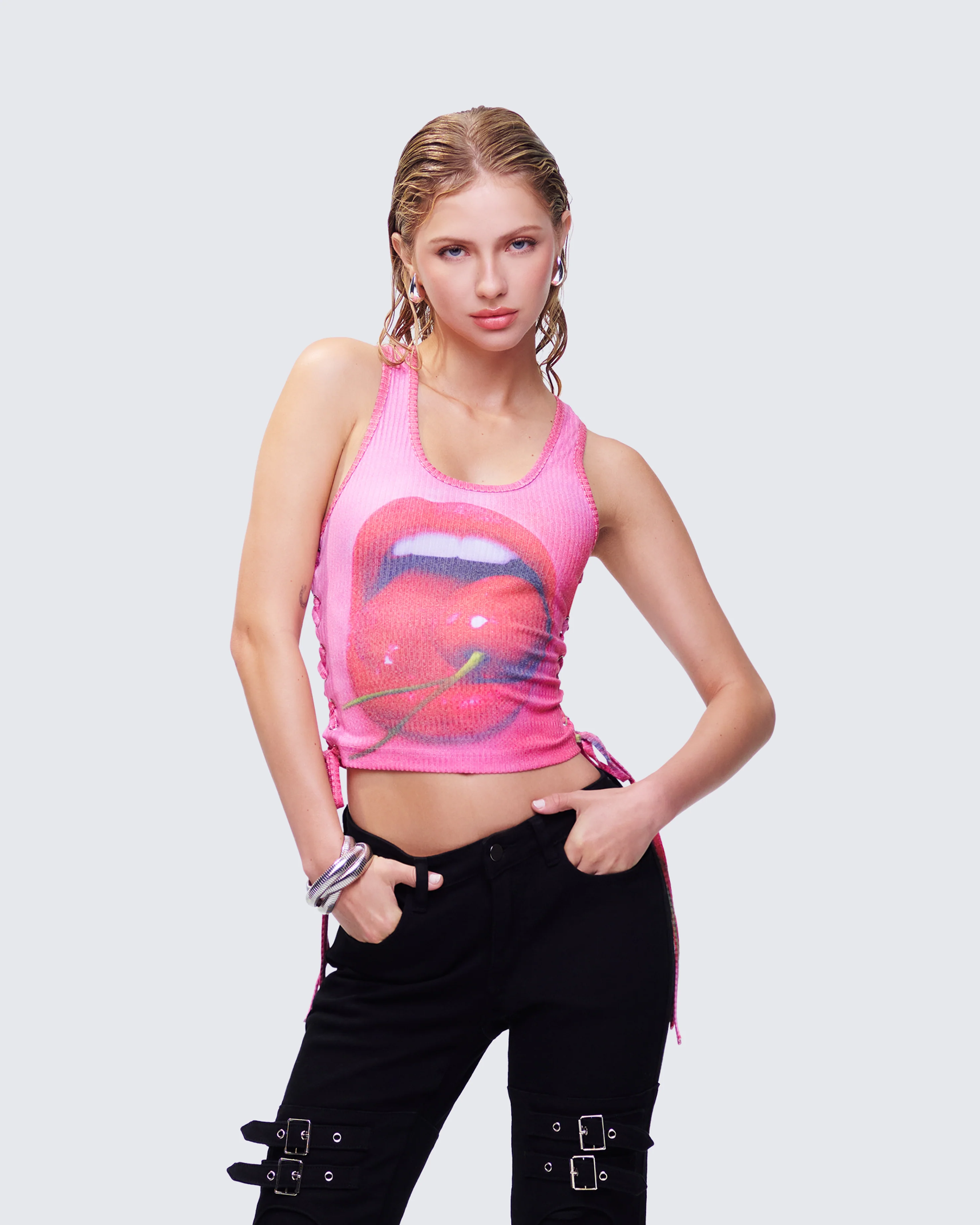 Nixie Pink Lace Up Graphic Tank - Image 3