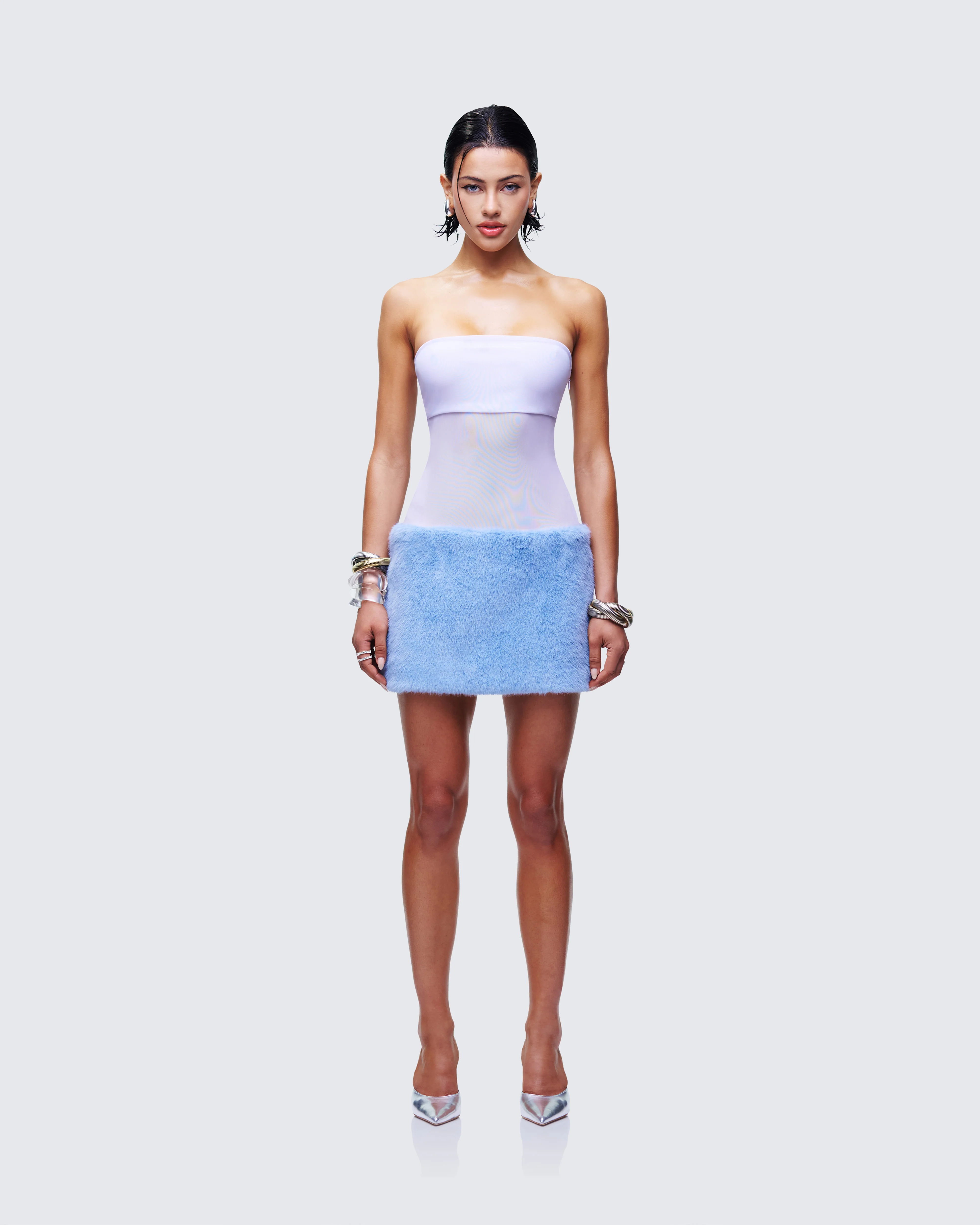 Noelle Blue Faux Fur Mesh Mini Dress - Image 2