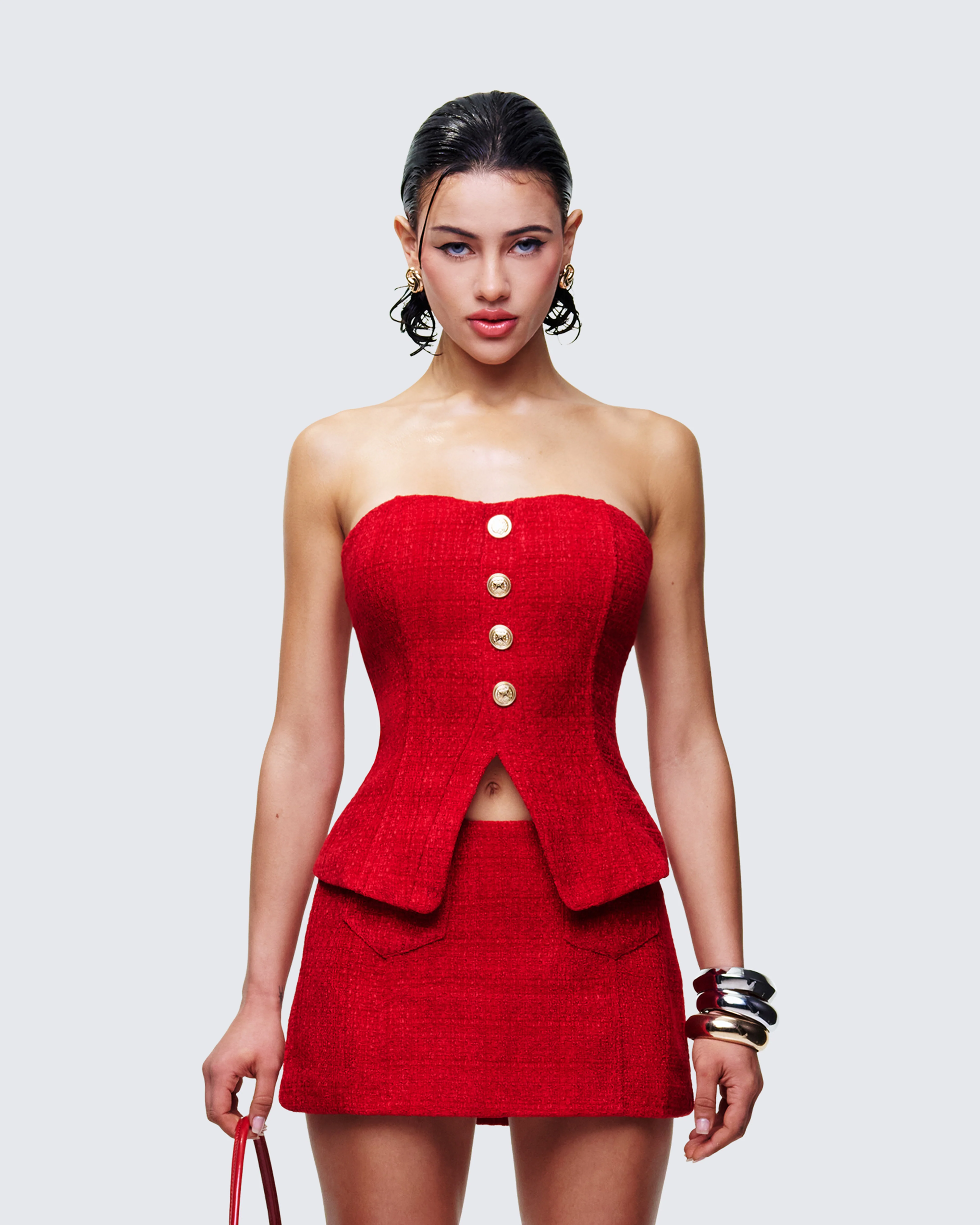 Nomi Red Tweed Bandeau Top - Image 2
