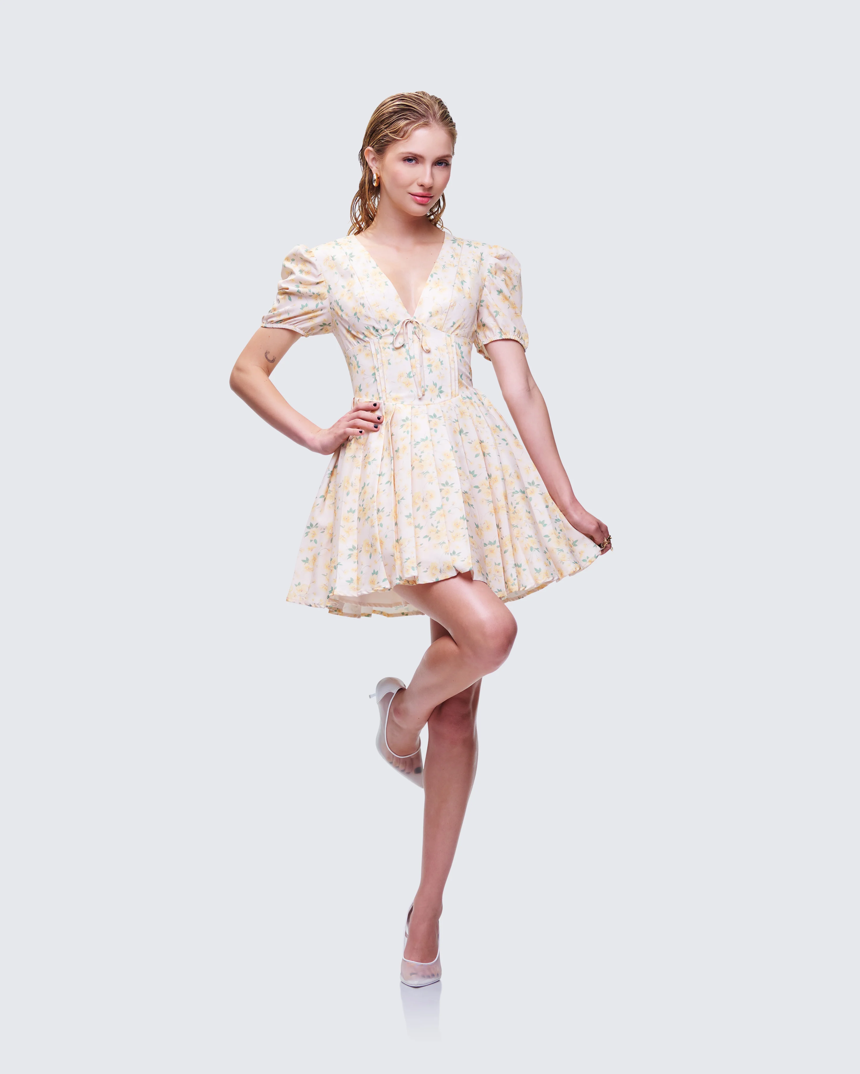 Nyla Yellow Floral Pleated Mini Dress - Image 3