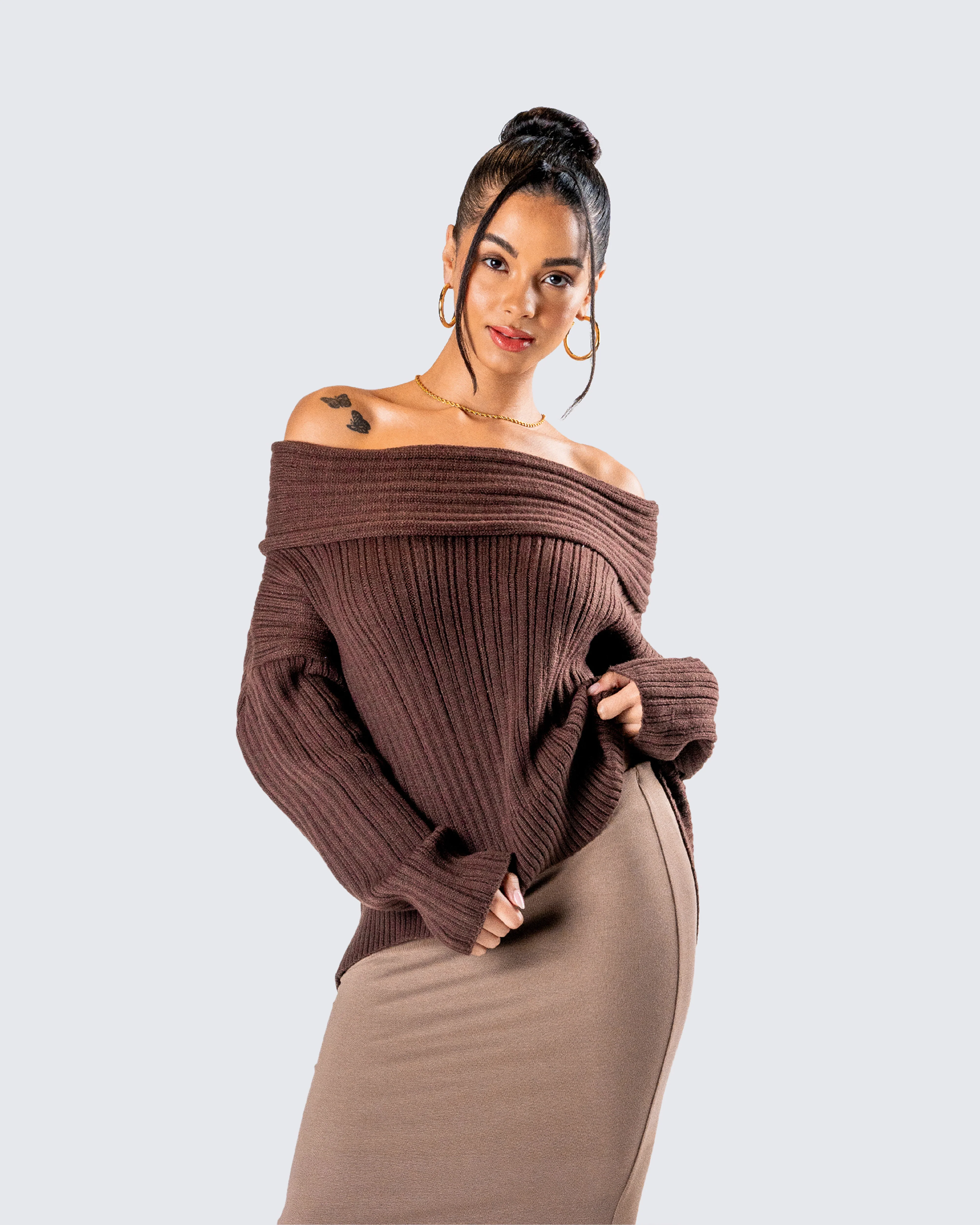 Nyx Brown Off Shoulder Sweater Top - Image 8