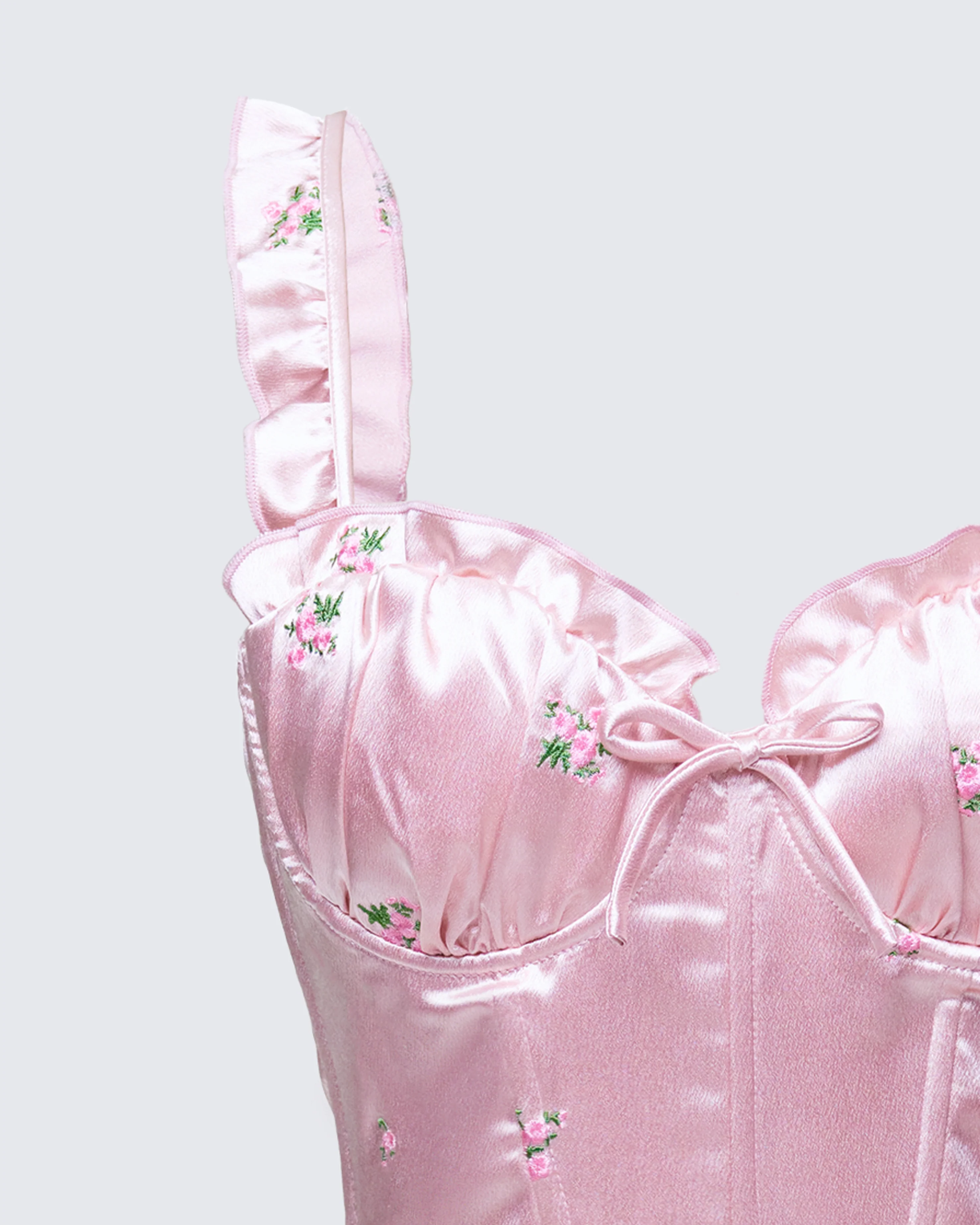 Odelle Pink Embroidered Satin Ruffle Dress - Image 6