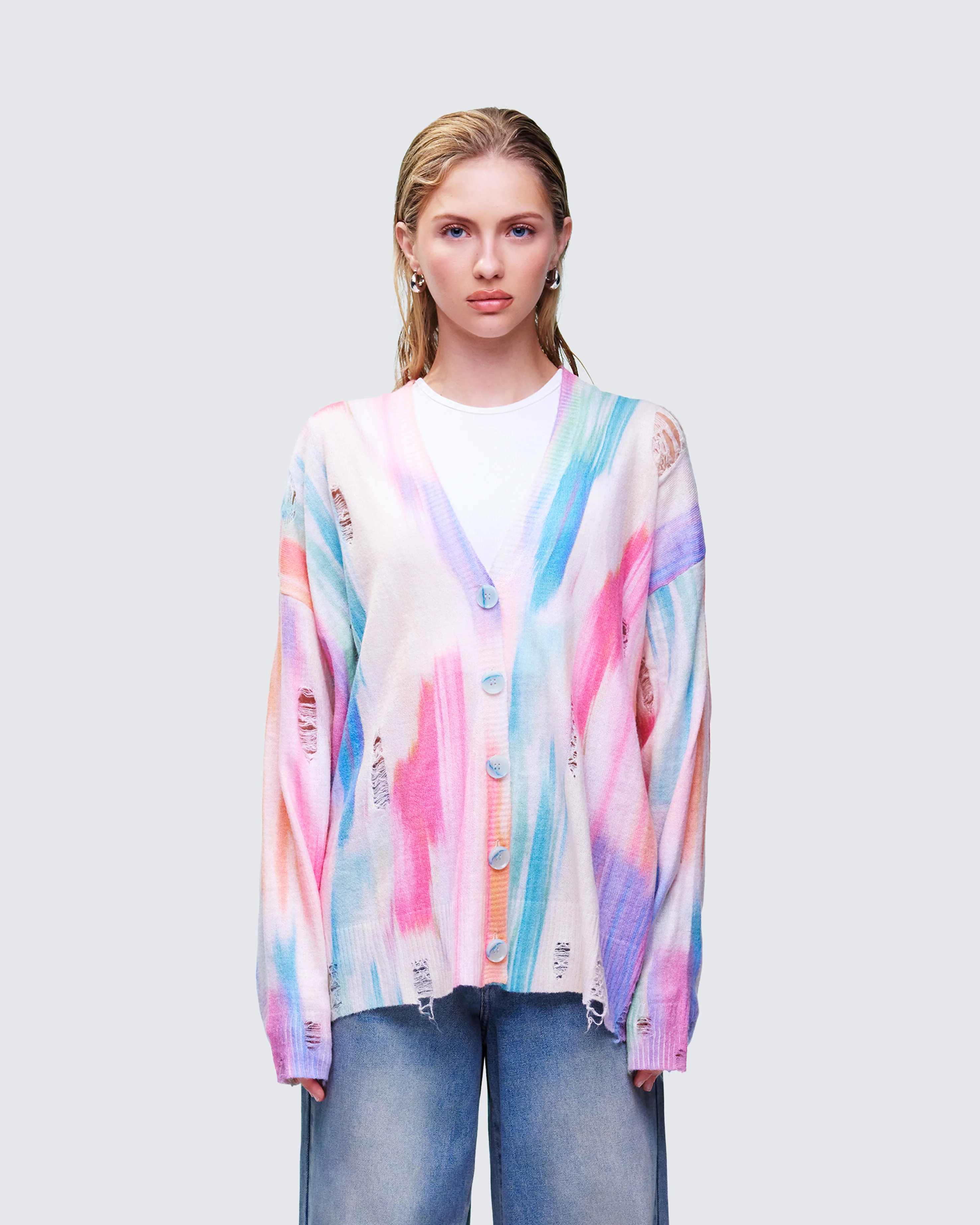 Omie Multi Print Distressed Cardigan - Image 2